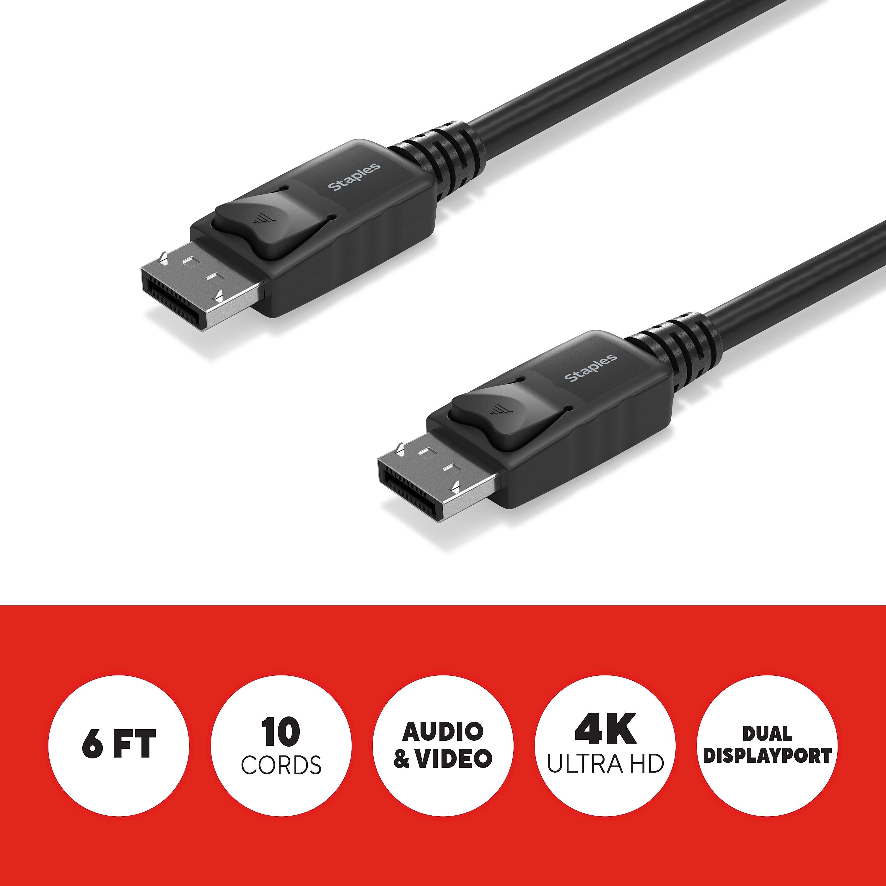 Staples TECH 6 ft. DisplayPort to DisplayPort Audio/Video Cable, Male to Male, Black, 10/Pack (ST62475)