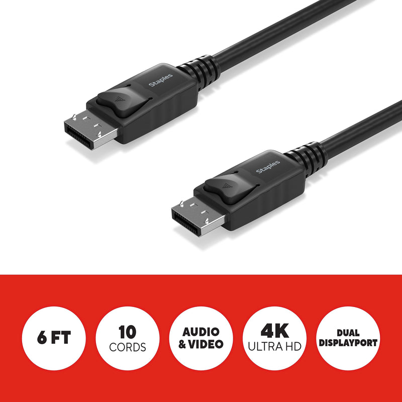 Staples TECH 6 ft. DisplayPort to DisplayPort Audio/Video Cable, Male to Male, Black, 10/Pack (ST62475)