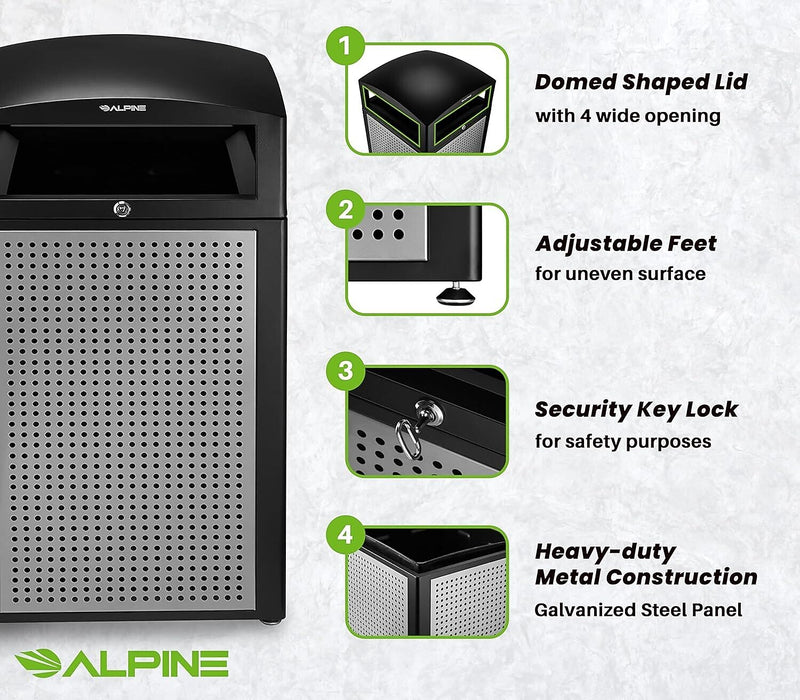 Alpine Industries Steel Outdoor Trash Can with Dome Lid, 40 Gallon, Silver, 2/Pack (ALP471-40-SIL-2PK)
