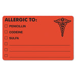 Allergy Warning Labels, Allergic To: Penicilln, Codeine, Sulfa, 2.5 X 4, Fluorescent Red, 100/roll