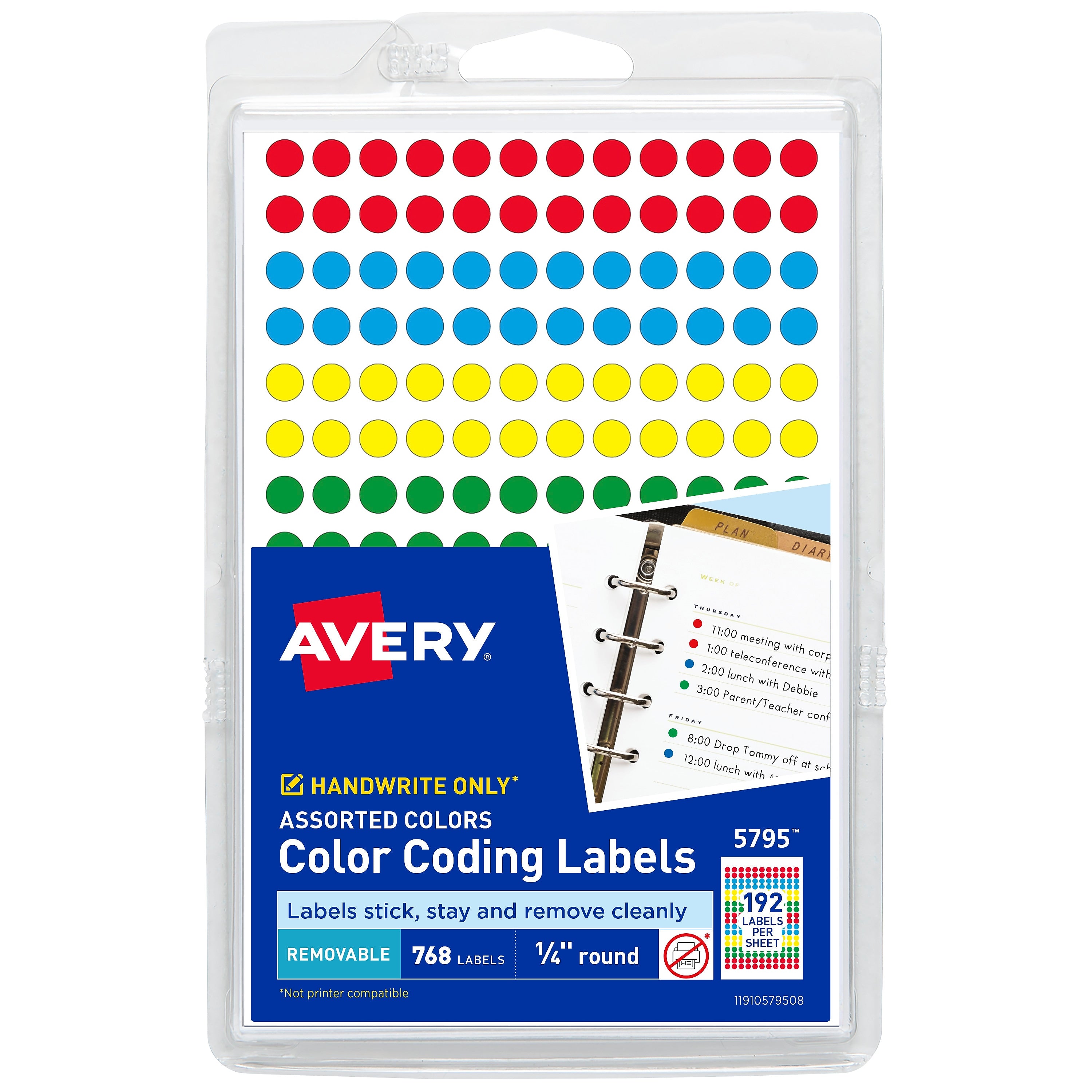 Avery Color-Coding Labels, 1/4 " Dia, Assorted Colors, Non-Printable, 768 Labels/Pack (5795)