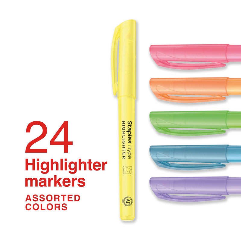 Staples Hype Stick Highlighter, Chisel Tip, Assorted, 24/Pack (ST62942)