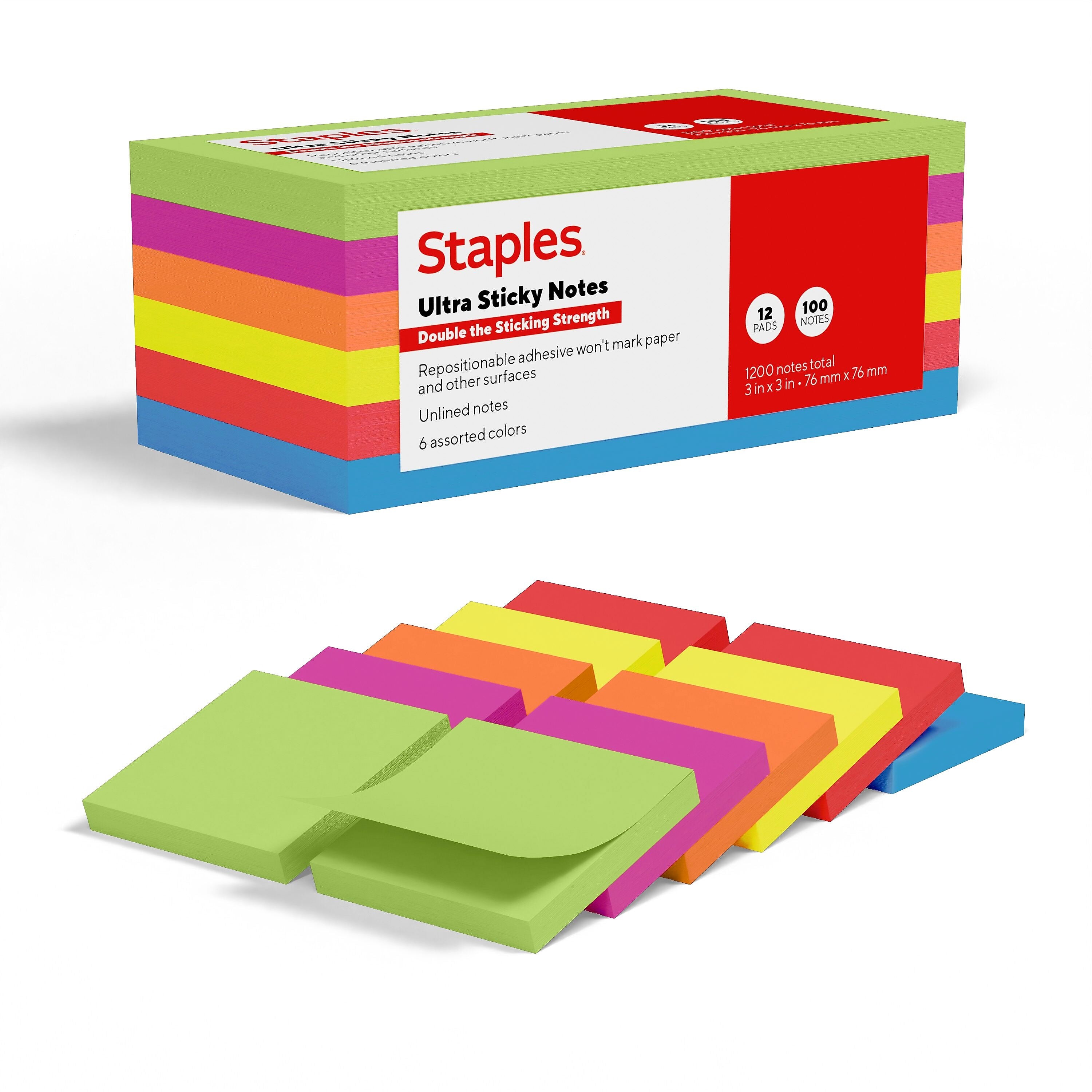 Staples Ultra Sticky Notes, 3" x 3", Summer Breeze Collection, 100 Sheets/Pad, 12 Pads/Pack (ST62881)