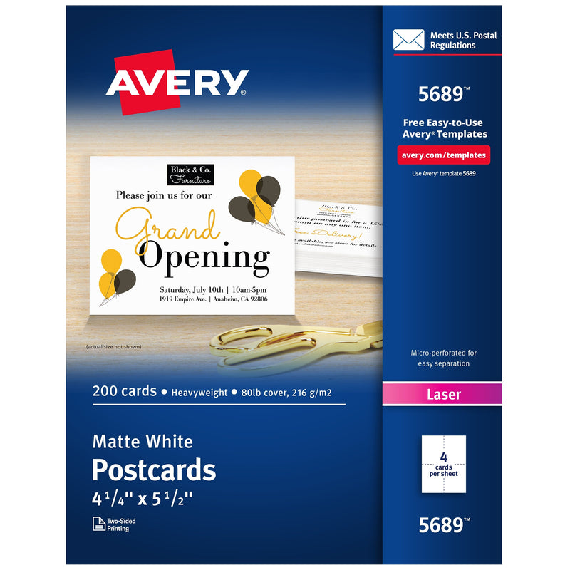 Avery Matte Business Postcards, White, 200/Box (5689)