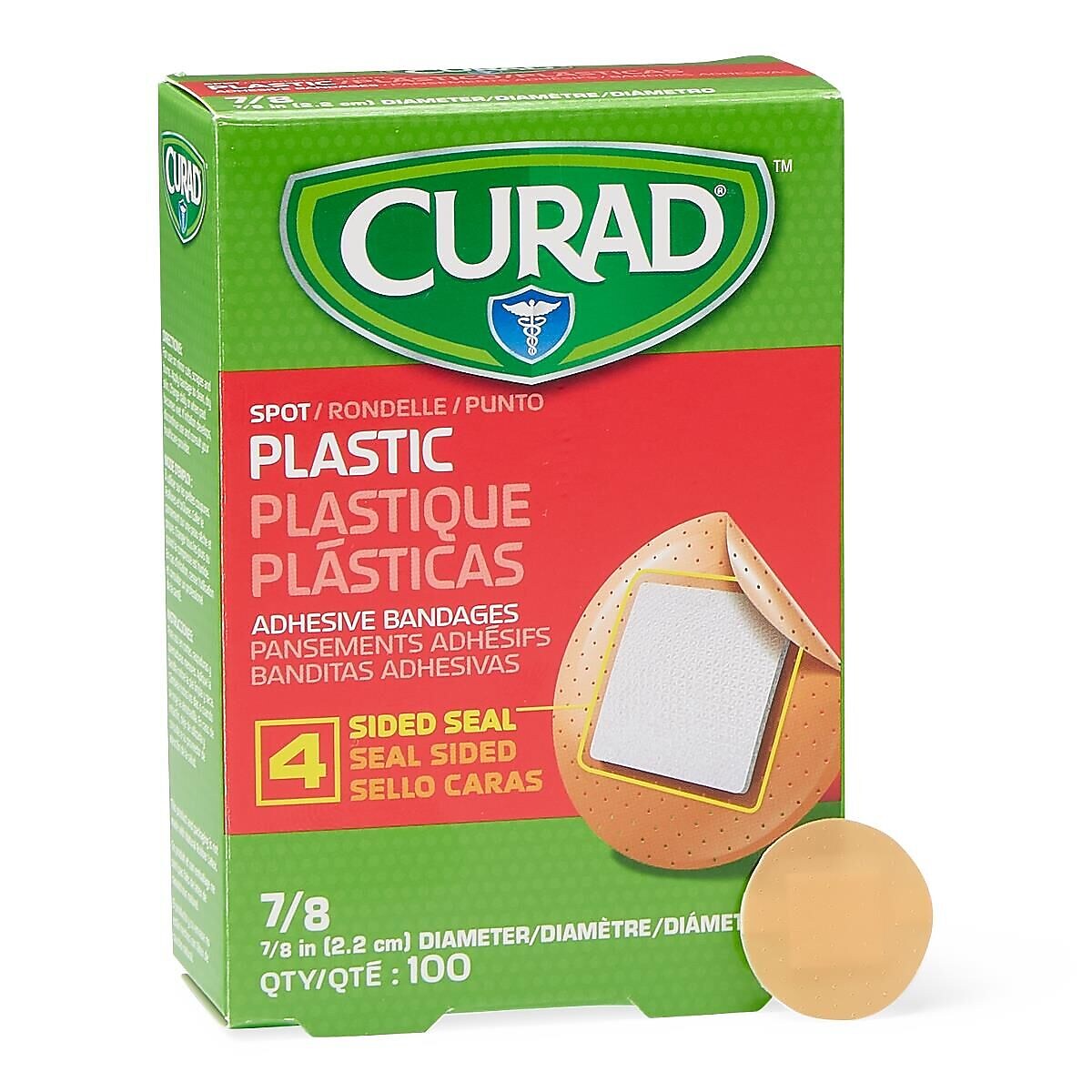 Curad Plastic Adhesive Bandages, Natural, 7/8" dia, 100 Bandages/Box (NON25501H)