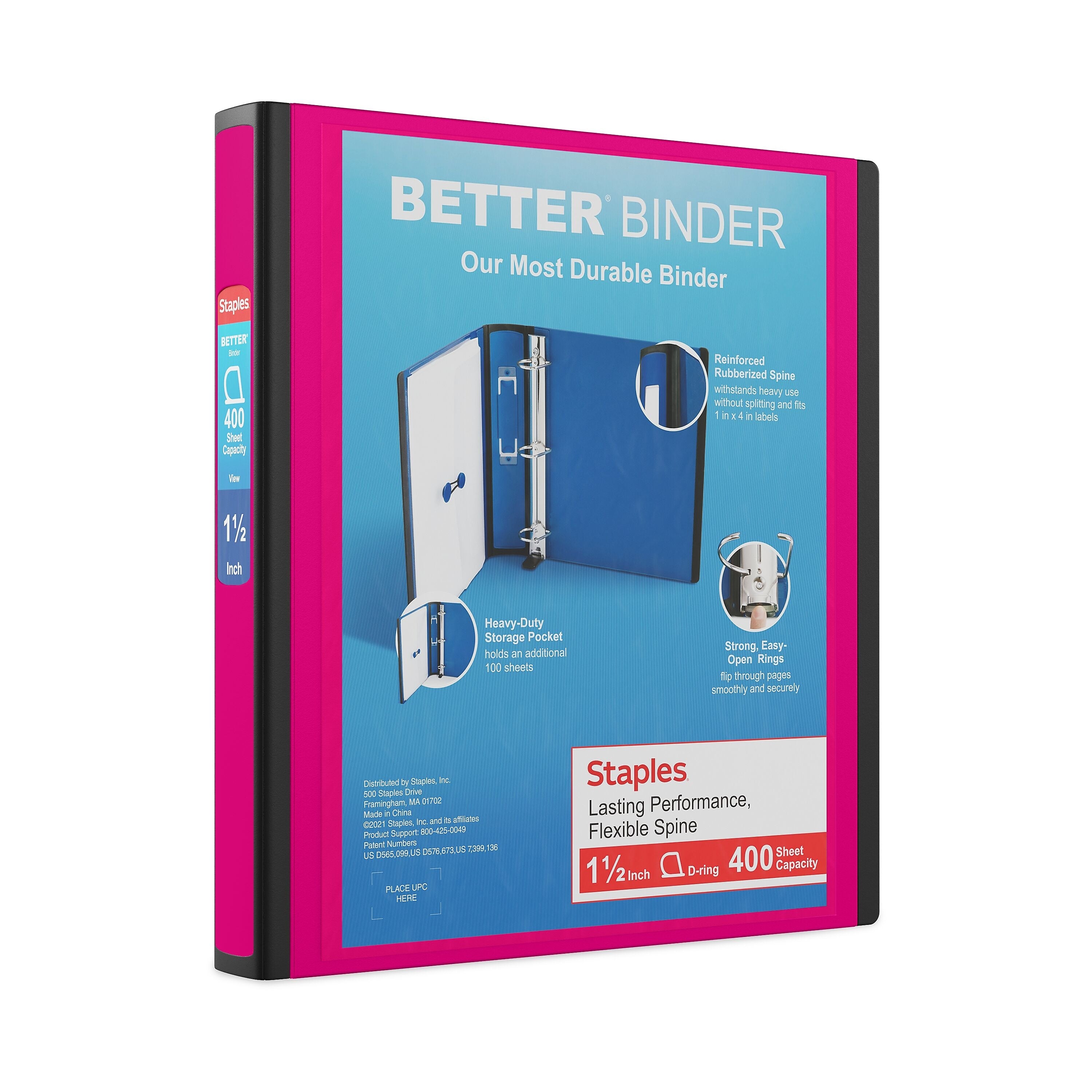 Staples 1 1/2" 3-Ring Better Binder, D-Ring, Pink (ST55859-CC)