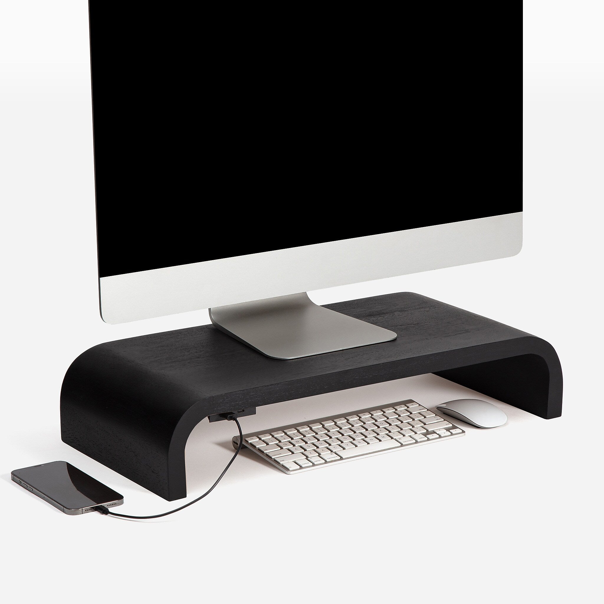 Anji Mountain Mango Wood Monitor Stand with Two USB Ports, Up to 32" Monitor, Black (MS-CRV-BLK-P)
