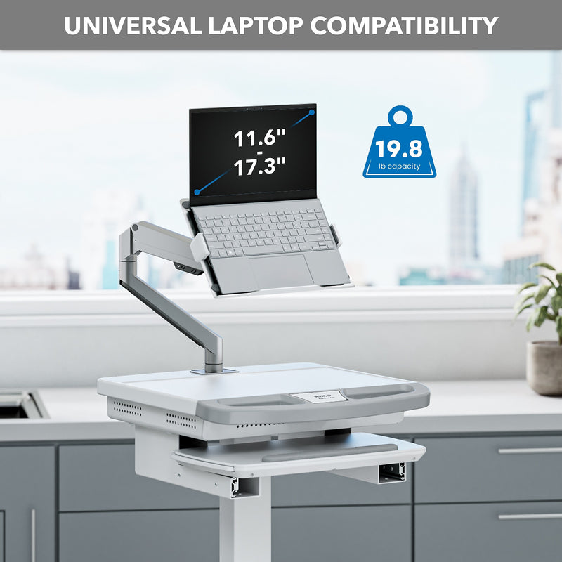 Mount-It! MedHub Mobile Medical Cart Workstation with Spring Arm Laptop Mount and Locking Caster Wheels, White/Grey (MI-16017)