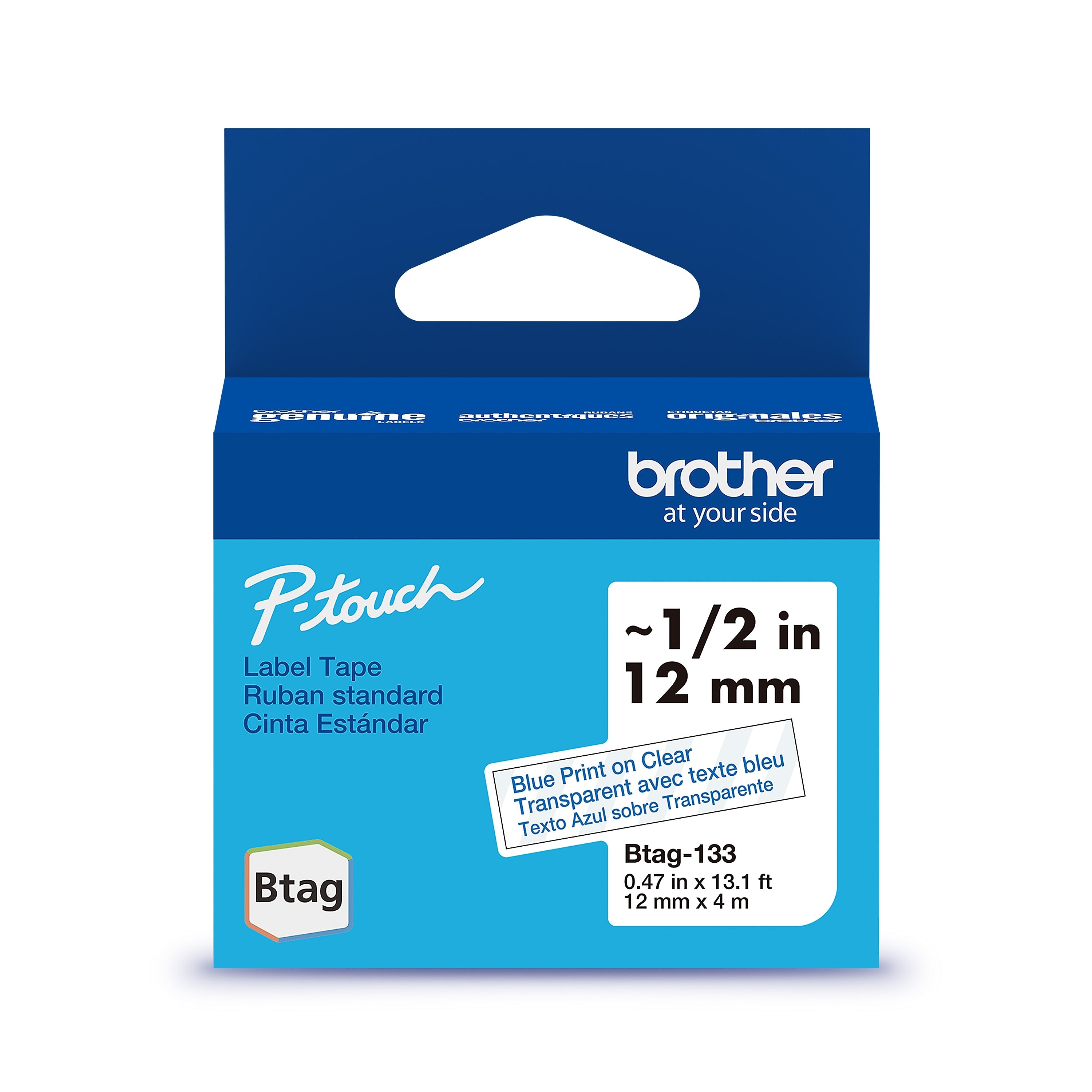 Brother P-touch Btag Label Tape, 1/2" x 13.1' (12mm x 4m), Blue on Clear (BTAG133)