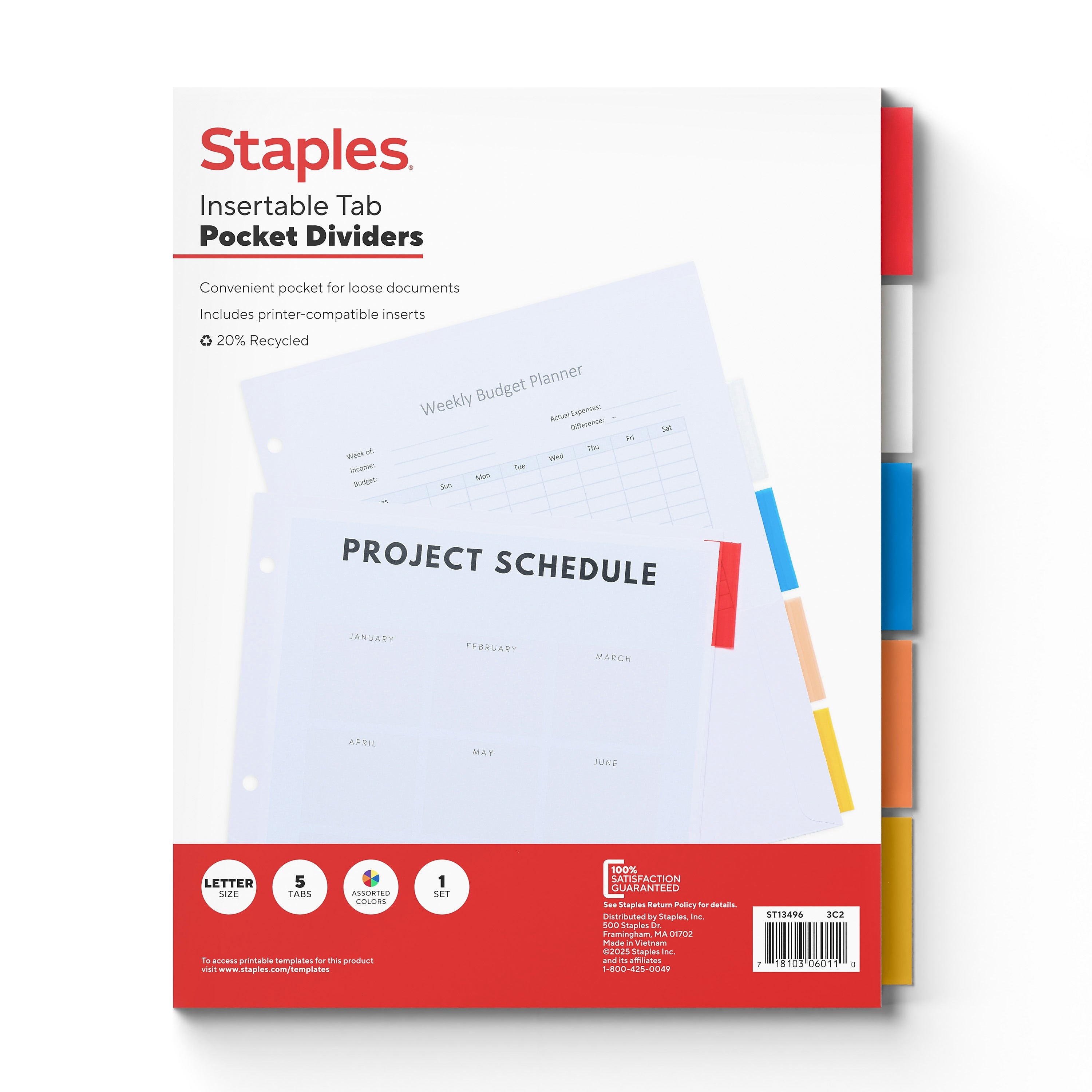 Staples Insertable Tab Pocket Paper Dividers, Assorted Colors, 5-Tabs (13496/11270)