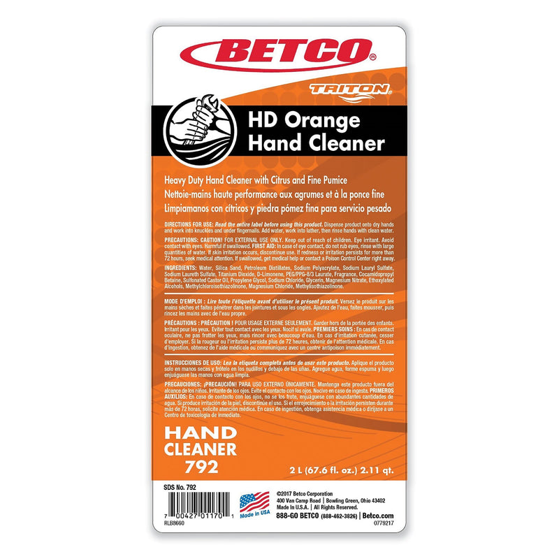 Betco HD Hand Soap Refill for Triton Dispensers, Citrus Zest, 2 L Refill , 6/Carton (BET7926200)
