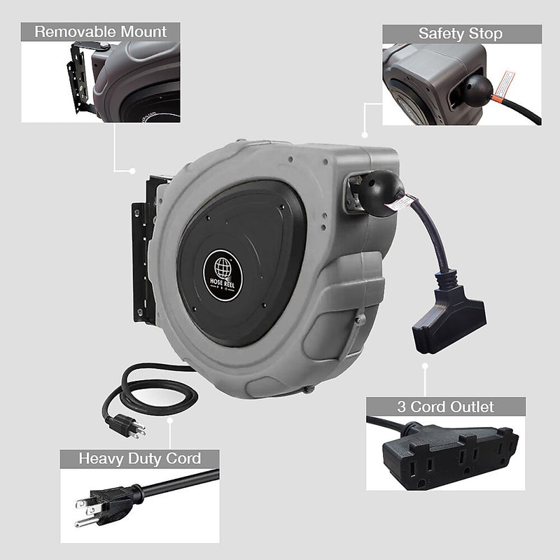 Hose Reel Pro 65 ft. Extension Cord Reel, 3-Outlet, 12 AWG, Gray (EC-GY-65)