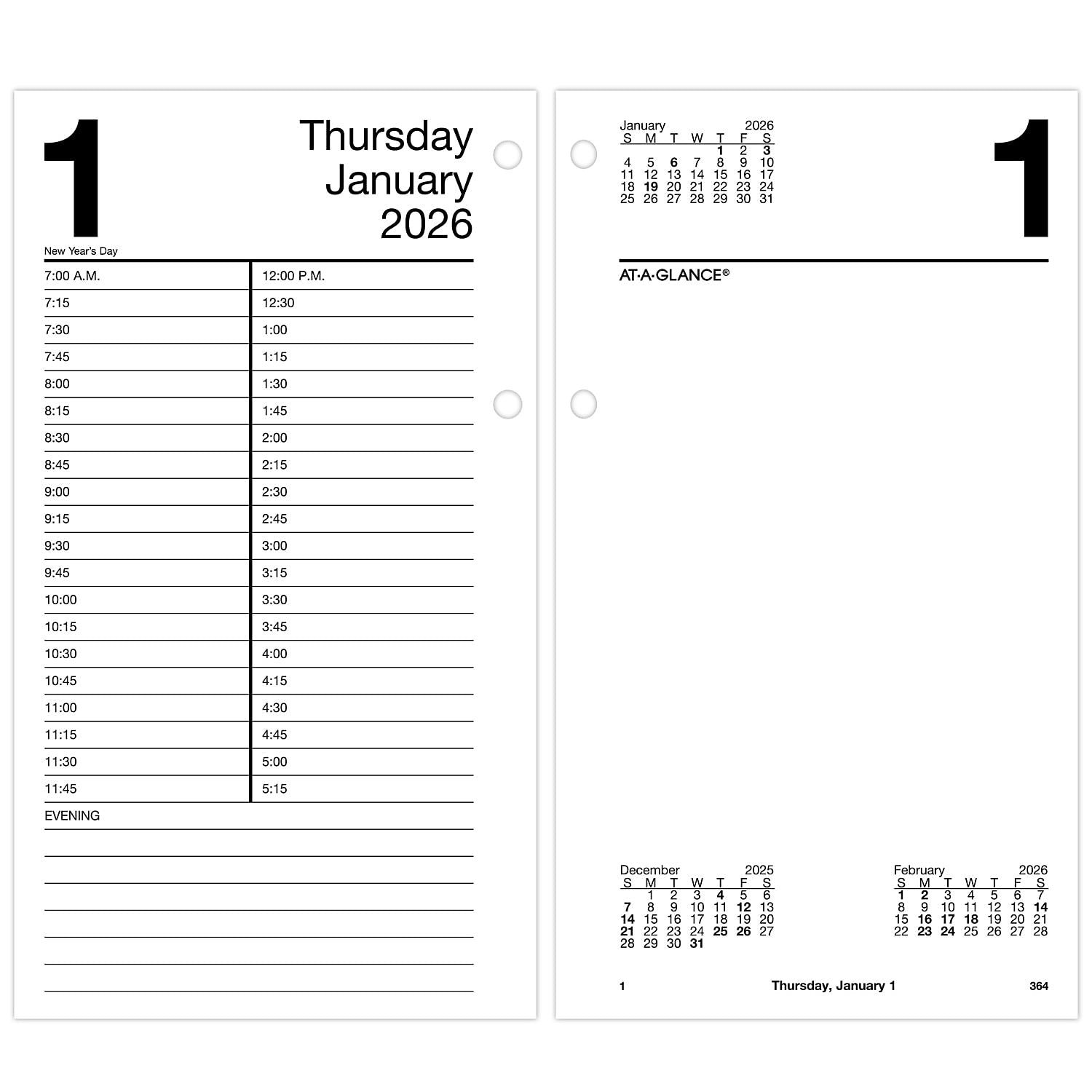 2026 AT-A-GLANCE 8" x 4.5" Daily Calendar Refill Pages, White/Black (E210-50-26)