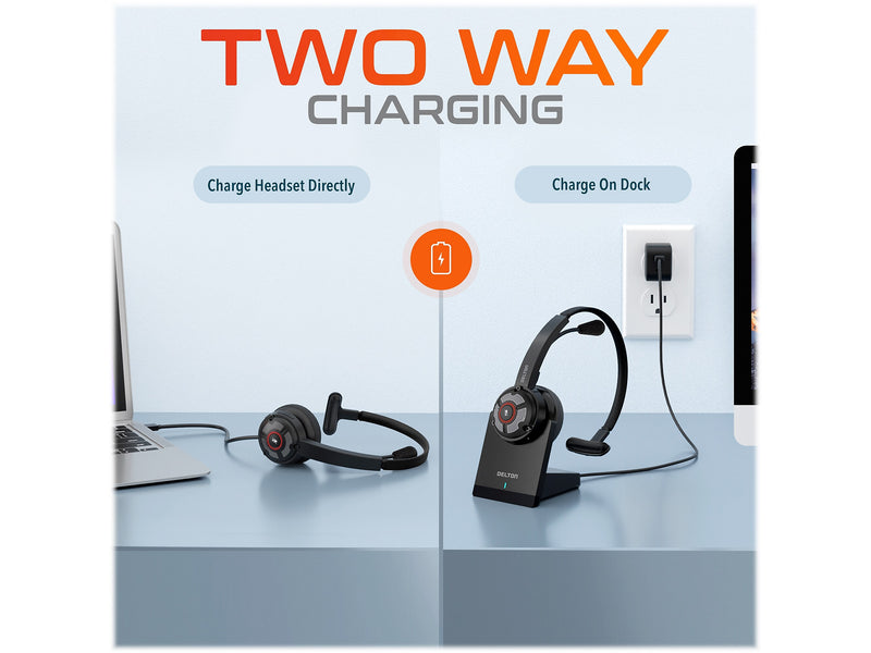 Delton 50X Pro Wireless Noise Canceling Bluetooth Mono Phone & Computer On Ear Headset, USB Type-C (DBTHEAD50X)