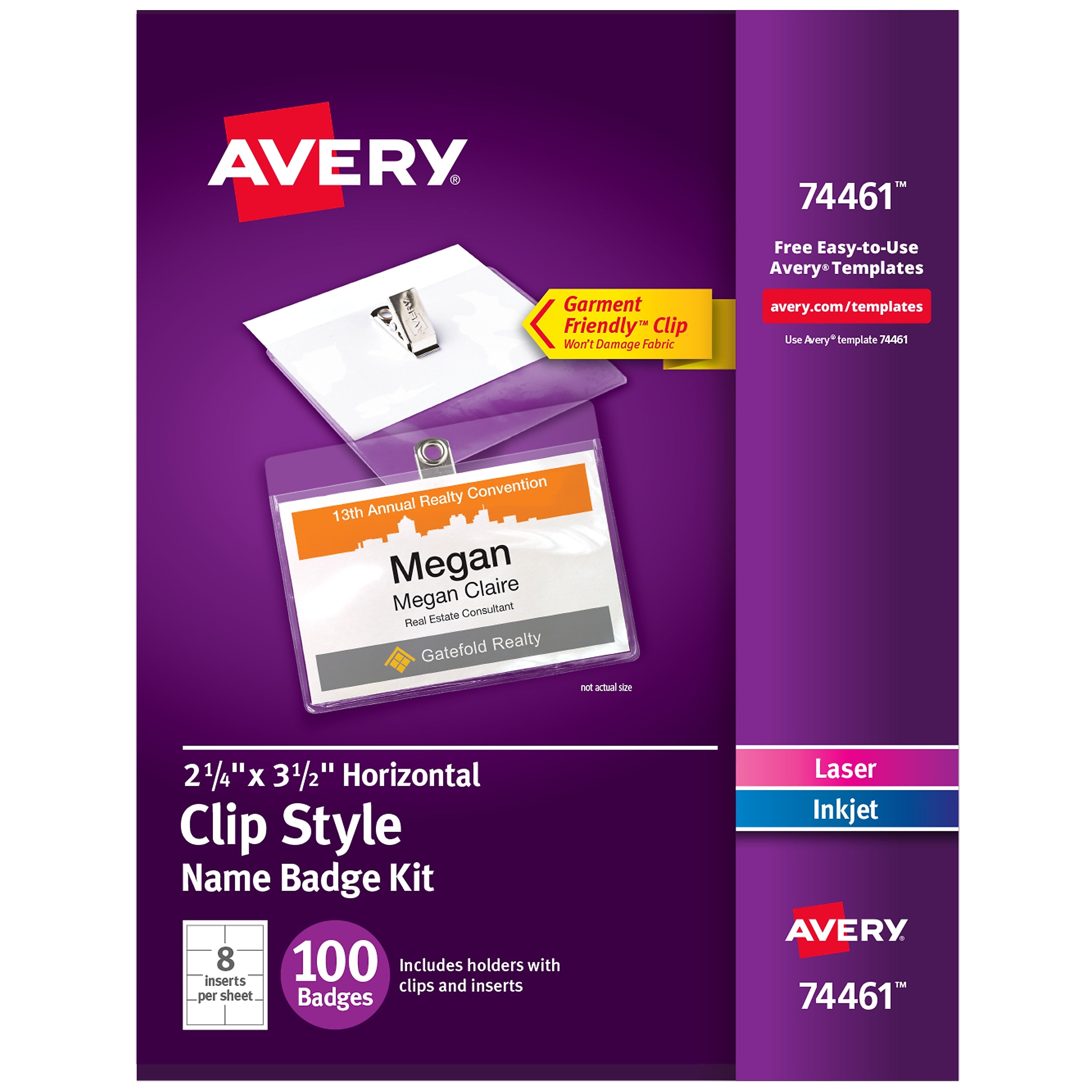 Avery Clip Style Laser/Inkjet Name Badge Kit, 2 1/4" x 3 1/2", Clear Holders with White Inserts, 100/Box (74461)