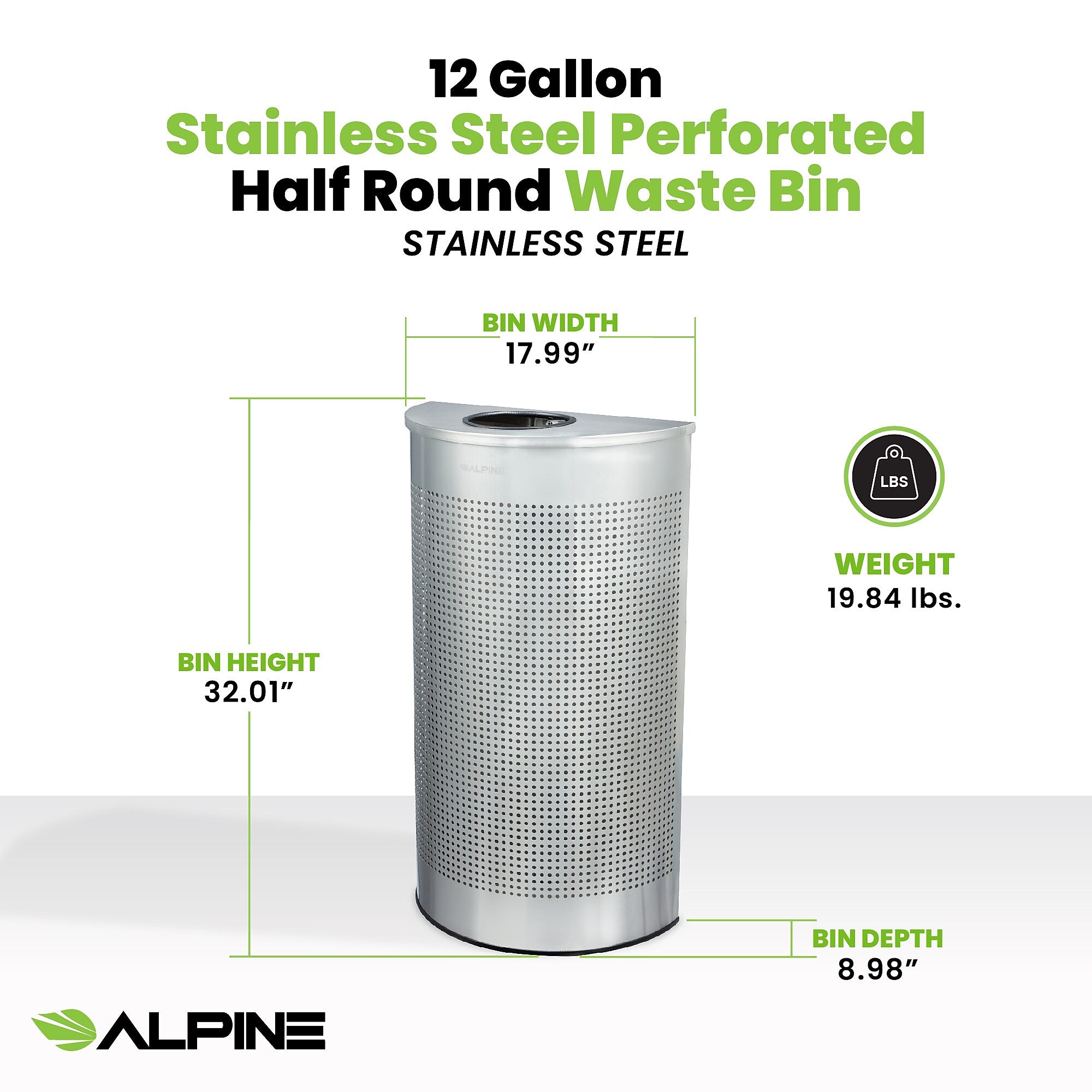 Alpine Industries Stainless Steel Trash Can, 12 Gallon, Silver (ALP438-12HR-SS)