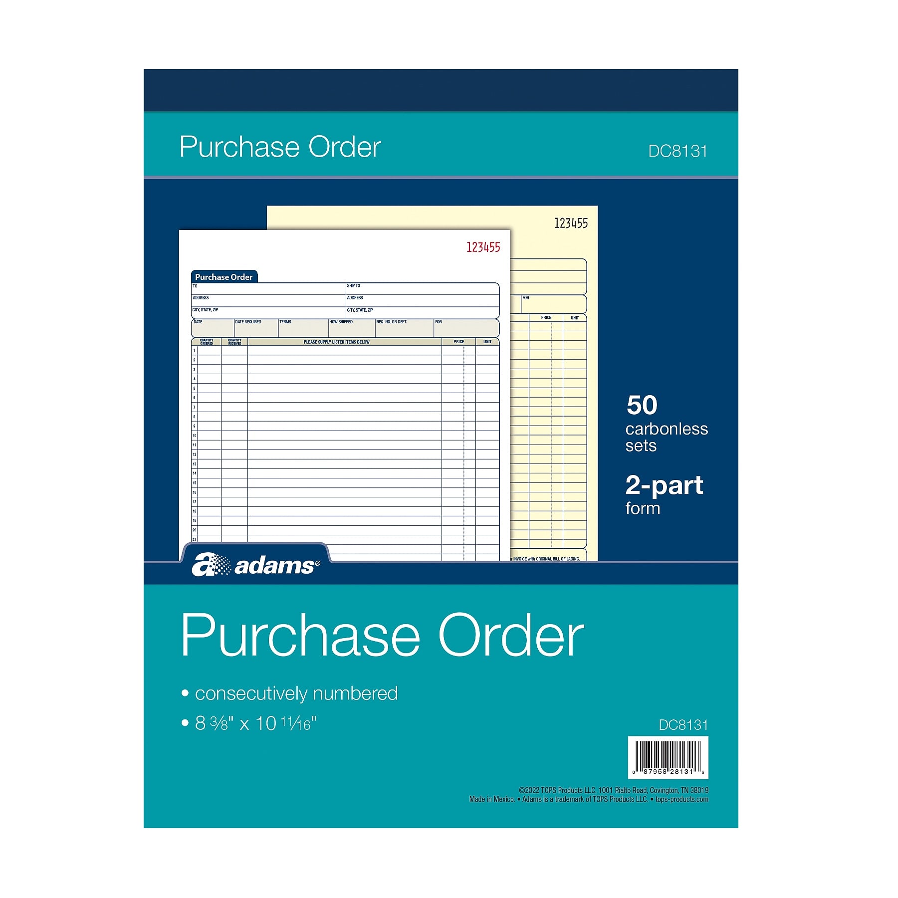 Adams 2-Part Carbonless Purchase Order, 8 3/8" x 11 7/16", 50 Sets/Book (DC8131)