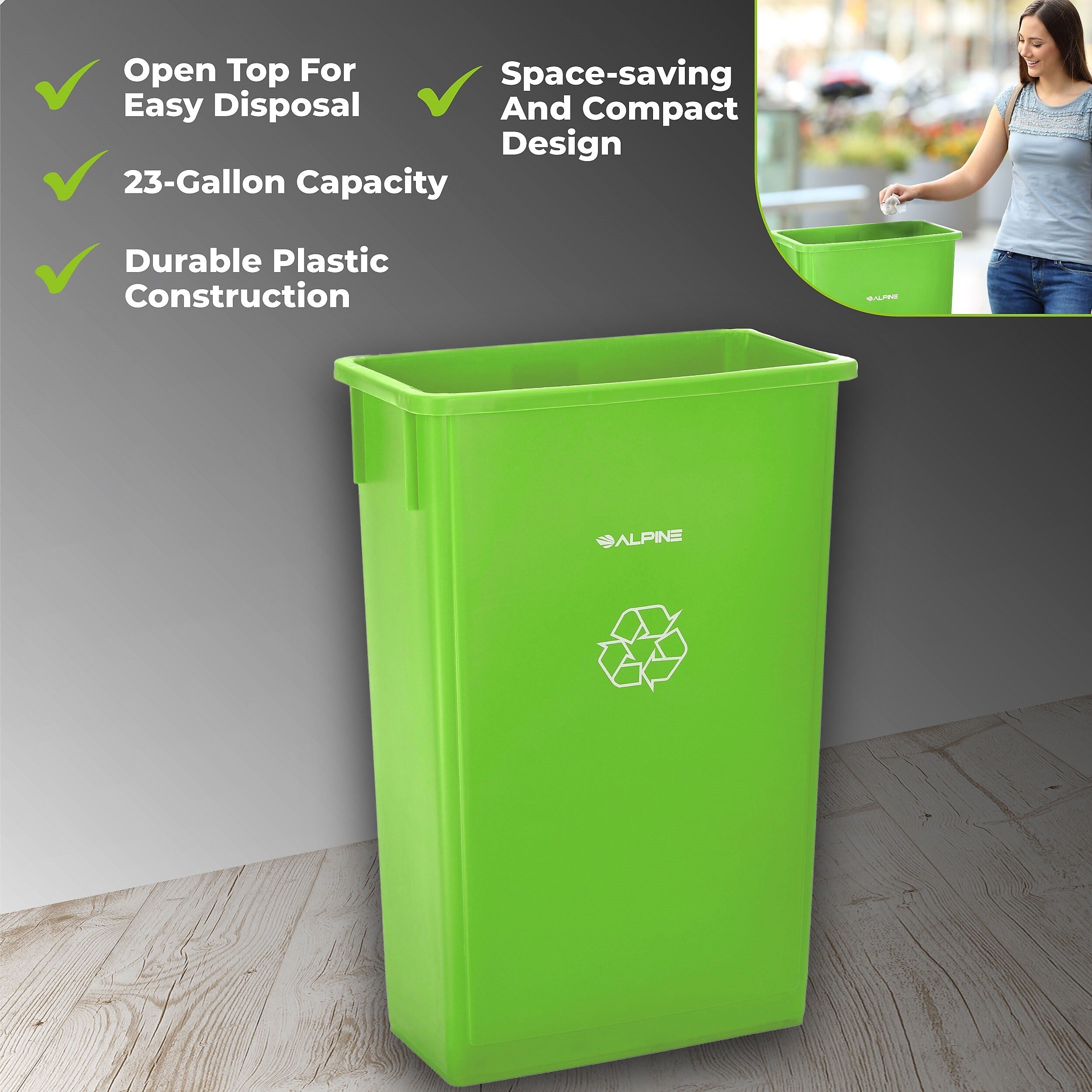 Alpine Industries Polypropylene Commercial Indoor Recycling Bin, 23 Gallon, Lime Green, 3/Pack (ALP477-LGRN-3PKD)