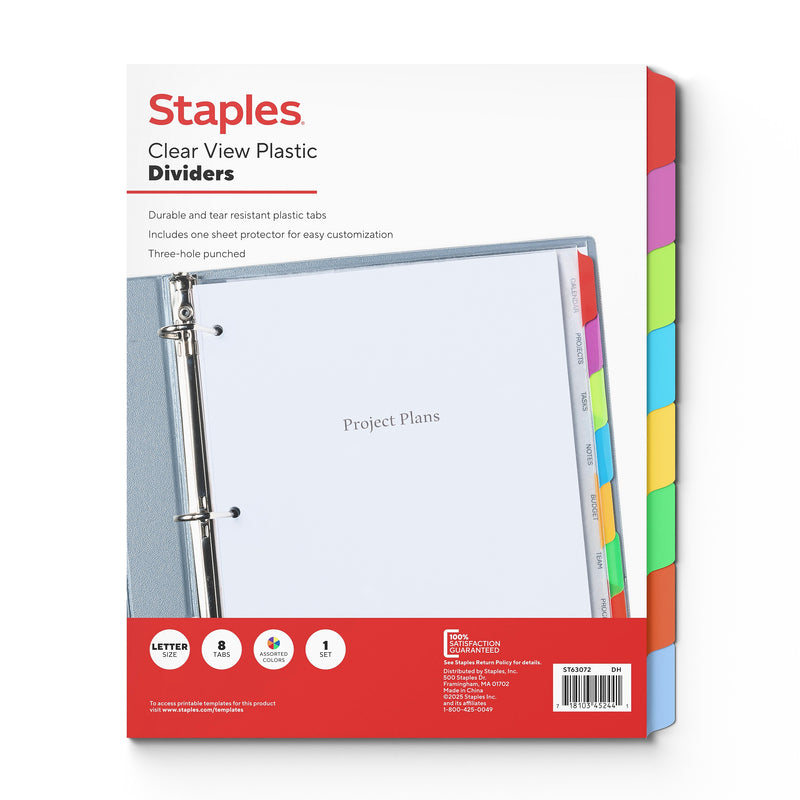 Staples View Plastic Dividers, Multicolor, 8-Tabs (ST63072)