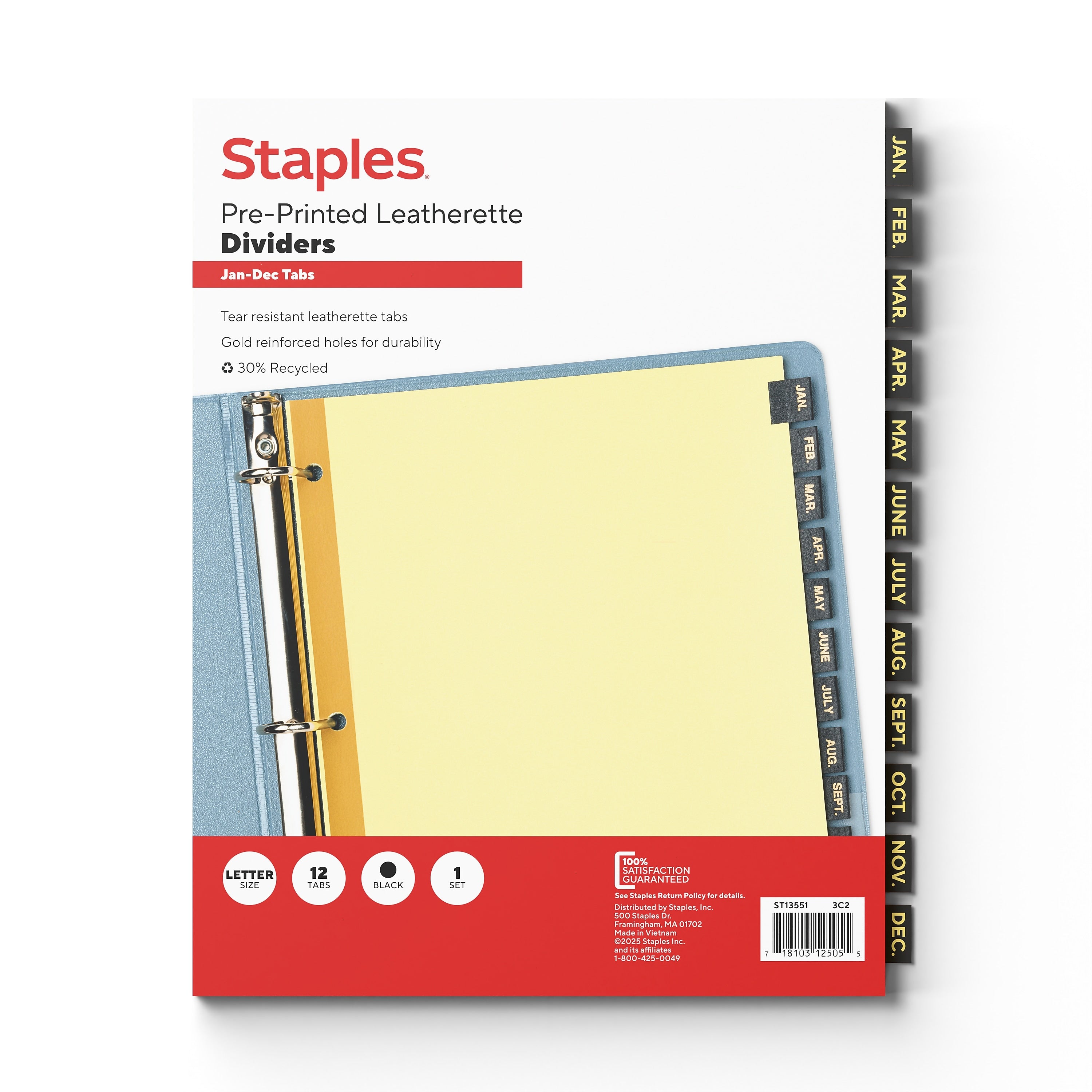 Staples Pre-Printed Monthly Leatherette Index, Black  (13551/11484)