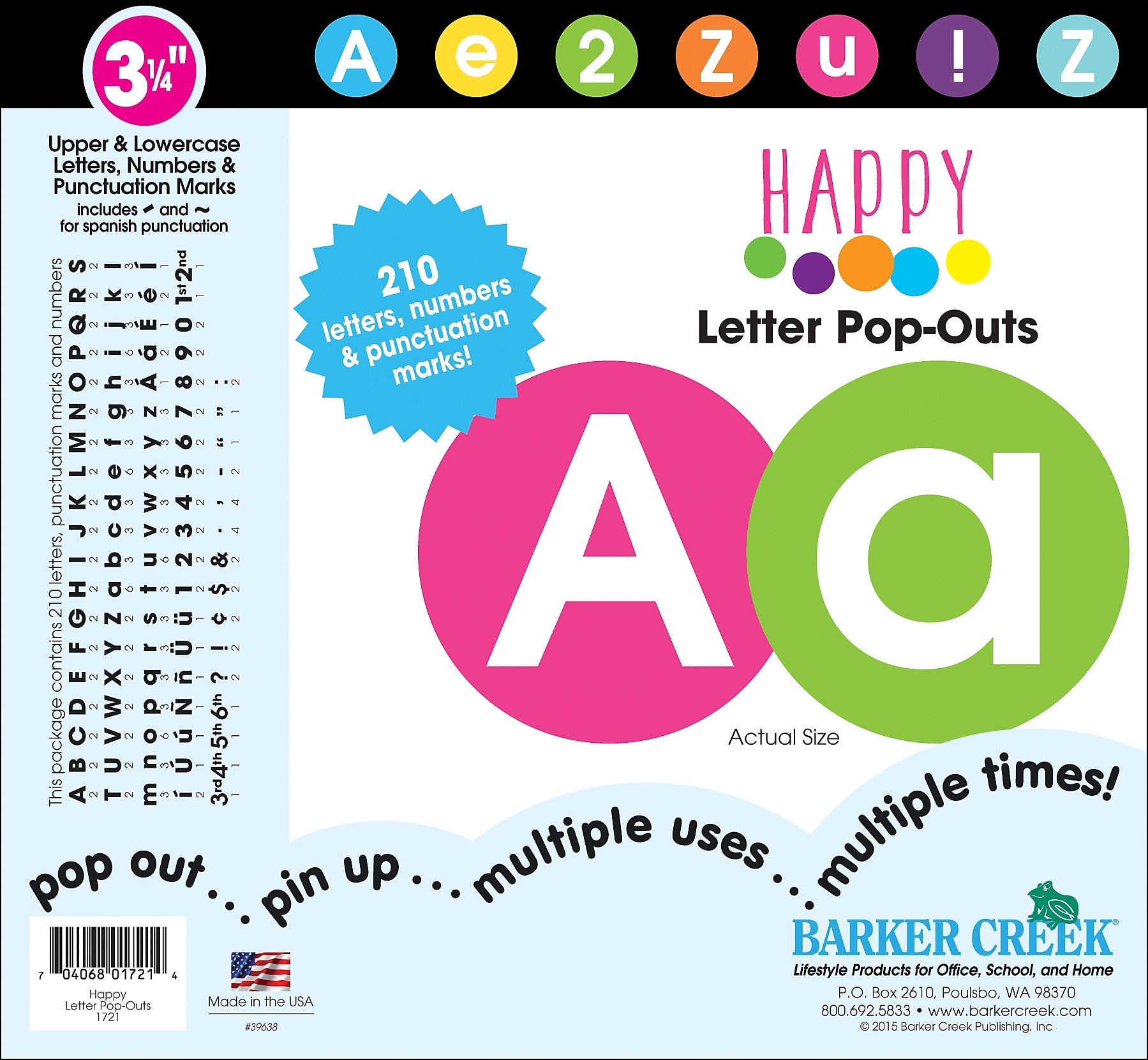 Barker Creek Happy  3.25" Letters and Numbers, Multicolored, 210/Pack (1721)