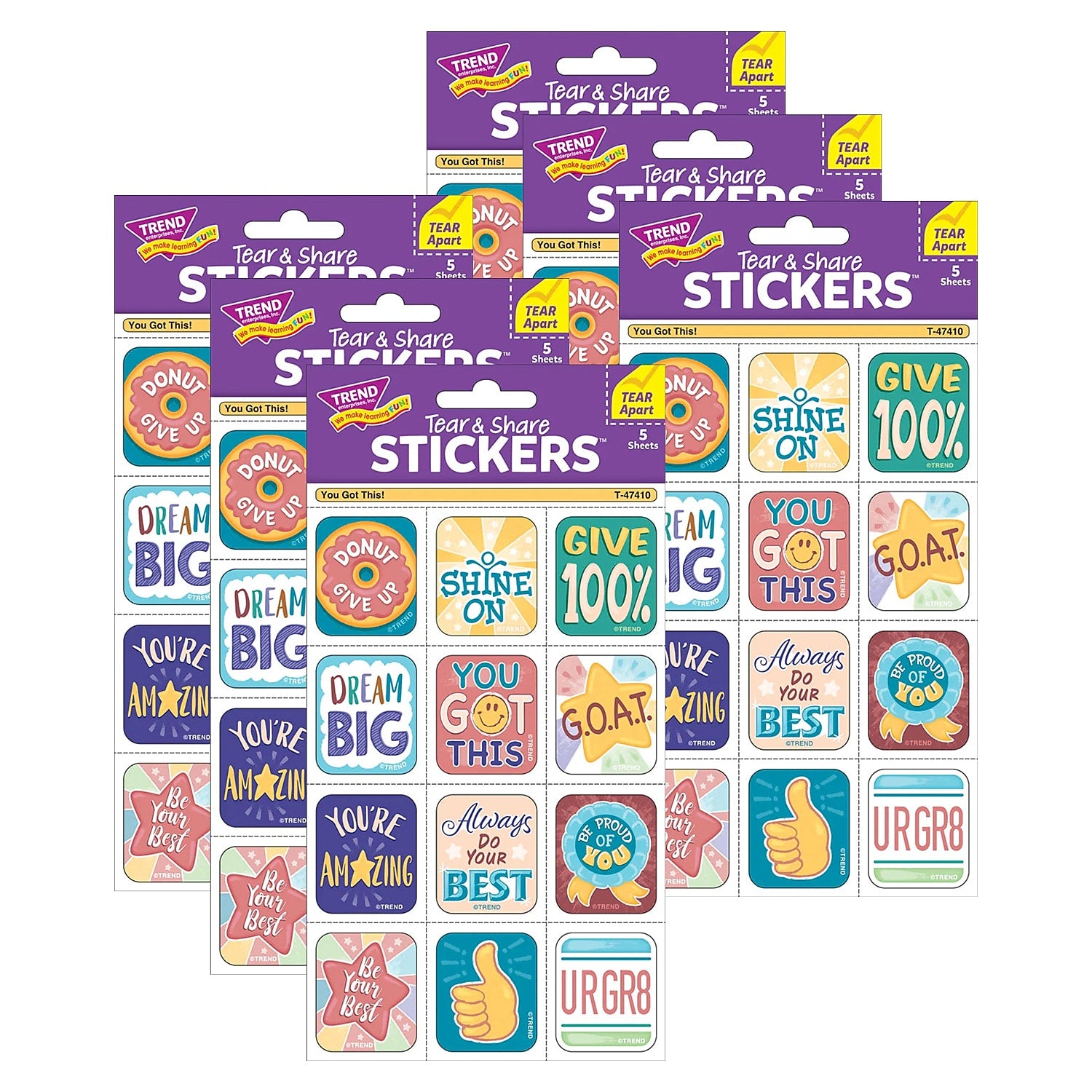 Trend Enterprises You Got This! Tear & Share Stickers, Multicolored, 60/ Pack, 6/Packs/Bundle (T-47410-6)