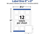 Avery Waterproof Laser/Pigment-Inkjet Square Labels, 2" x 2", Glossy White, 96 Labels/Pack (64510)