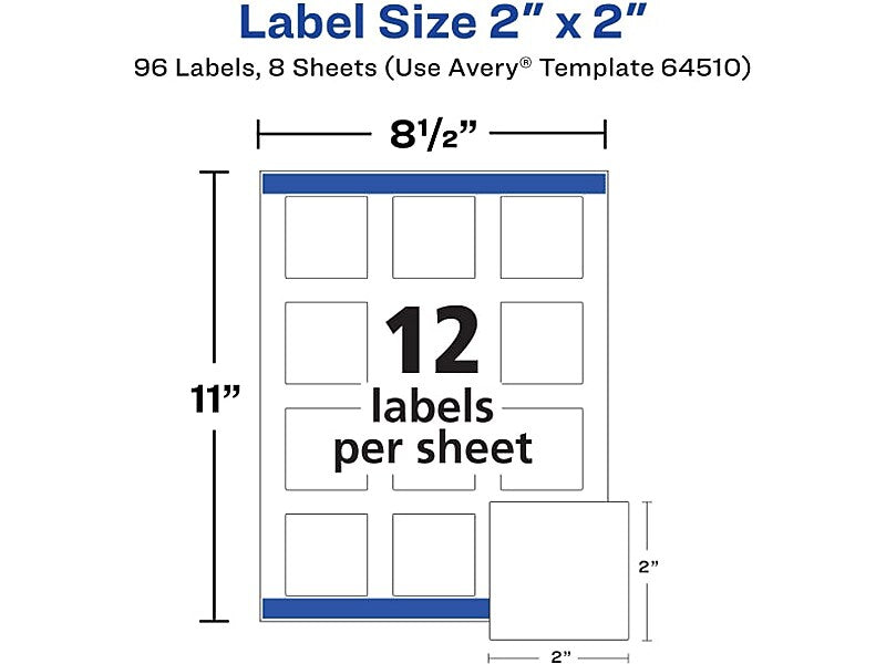 Avery Waterproof Laser/Pigment-Inkjet Square Labels, 2" x 2", Glossy White, 96 Labels/Pack (64510)