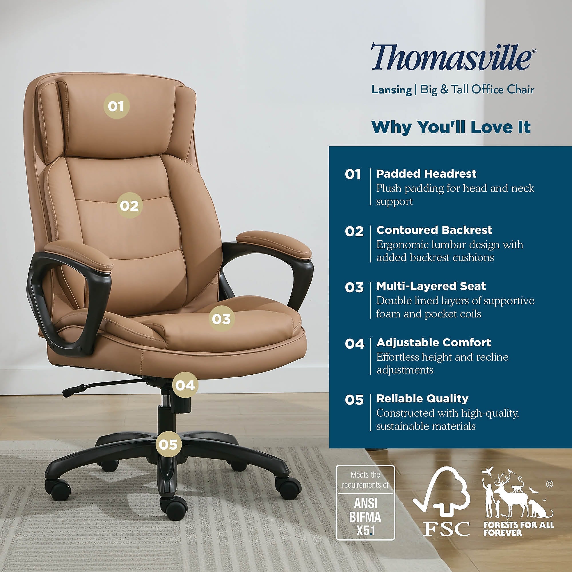 Thomasville Lansing Ergonomic Polyurethane Big & Tall Chair, 400 lb. Capacity, Light Tan (52398-TAN)