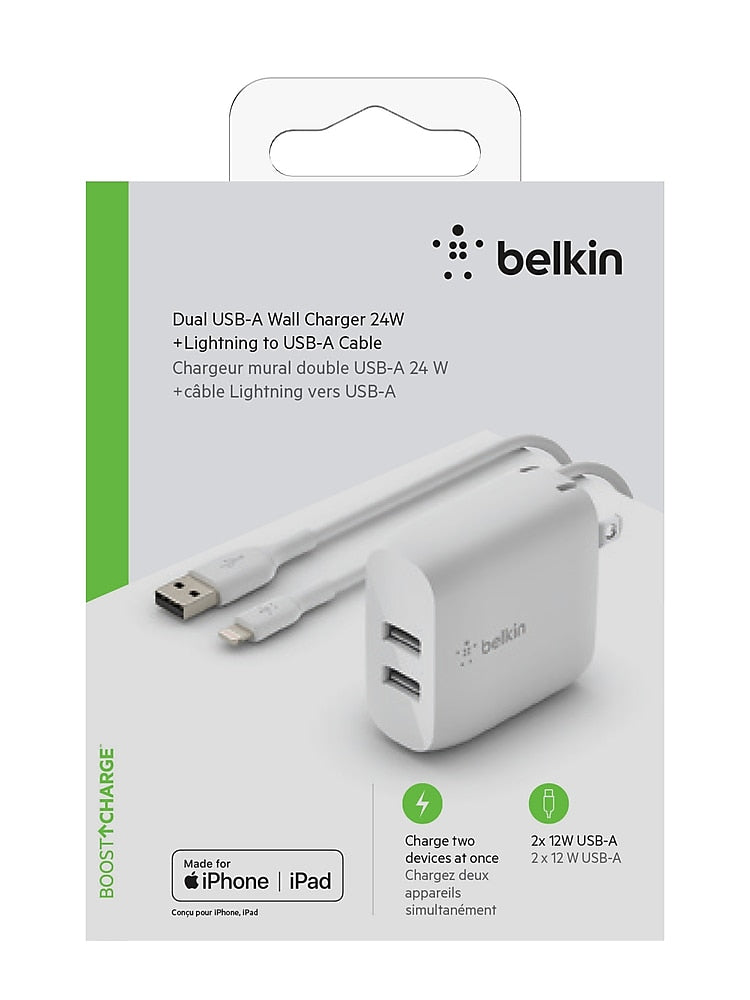 Belkin BOOST CHARGE USB-A Wall Charger with Cable, 24W, White (WCD001DQ1MWH)