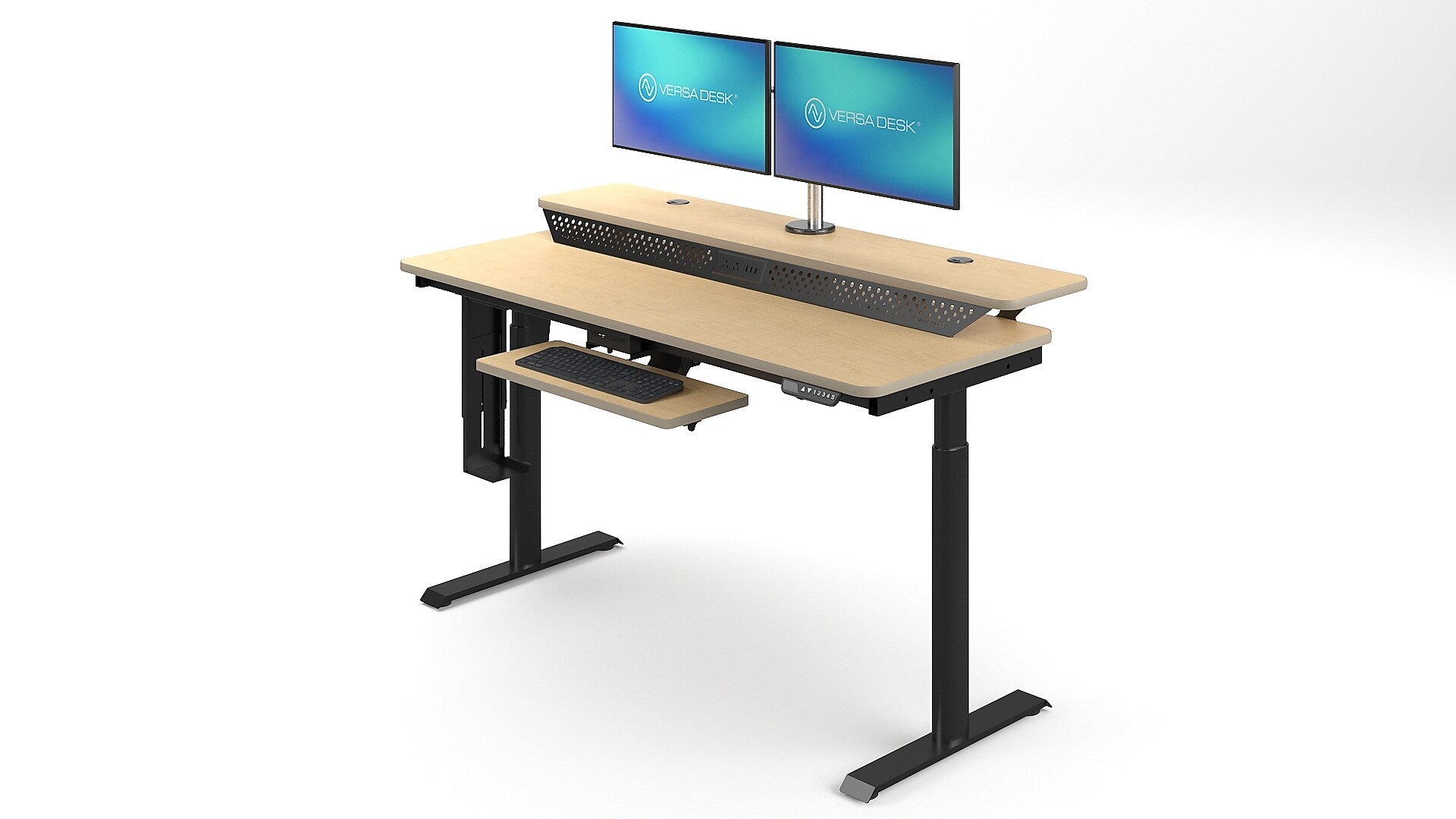 VersaDesk PowerLift Split-Level 60"W Electric Rectangular Adjustable Standing Desk, Maple/Black (PL2SD6030-BM)