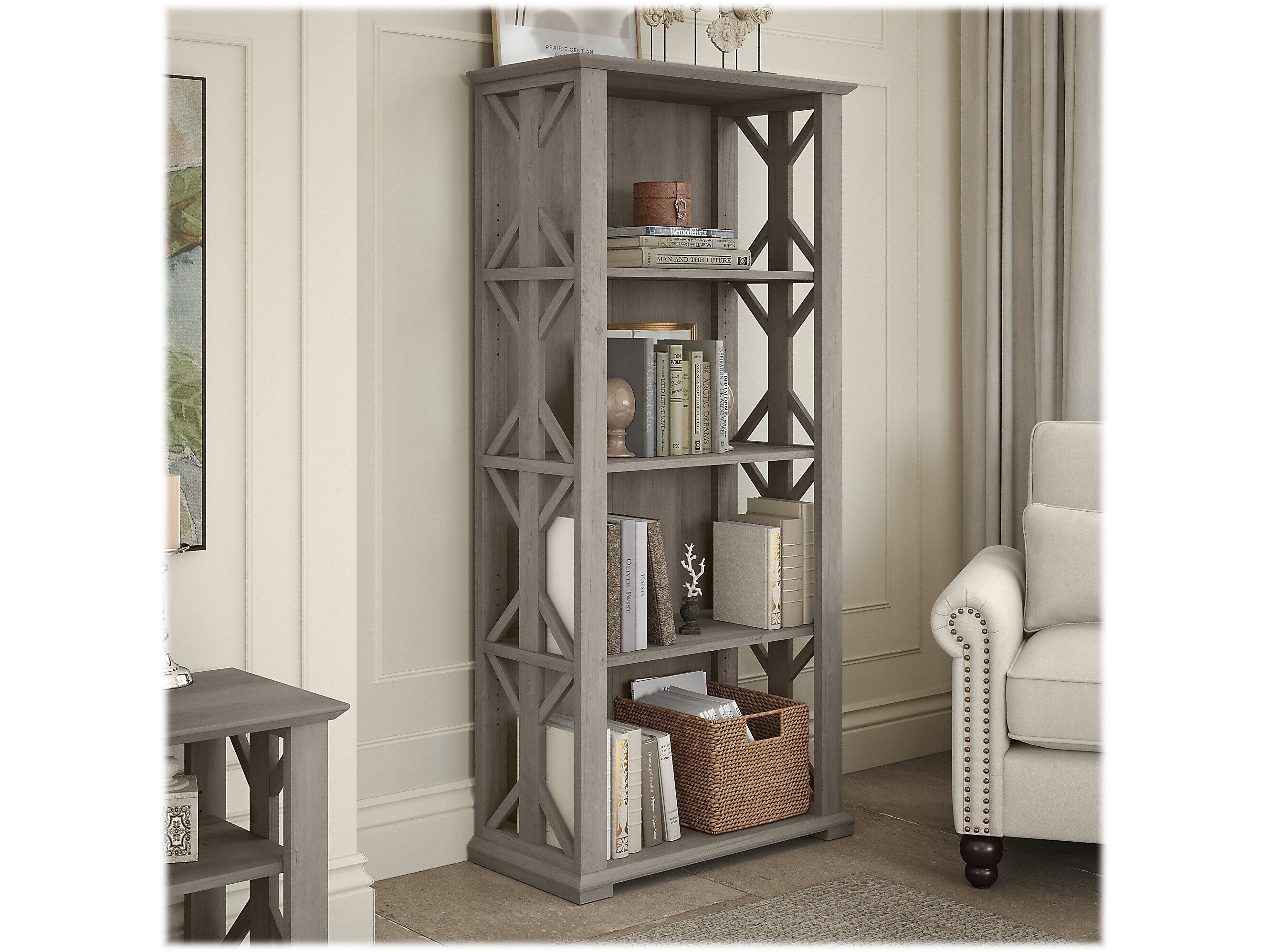 Bush Furniture Homestead 66"H 4-Shelf Bookcase with Adjustable Shelves, Driftwood Gray Laminated Wood (HOB166DG-03)