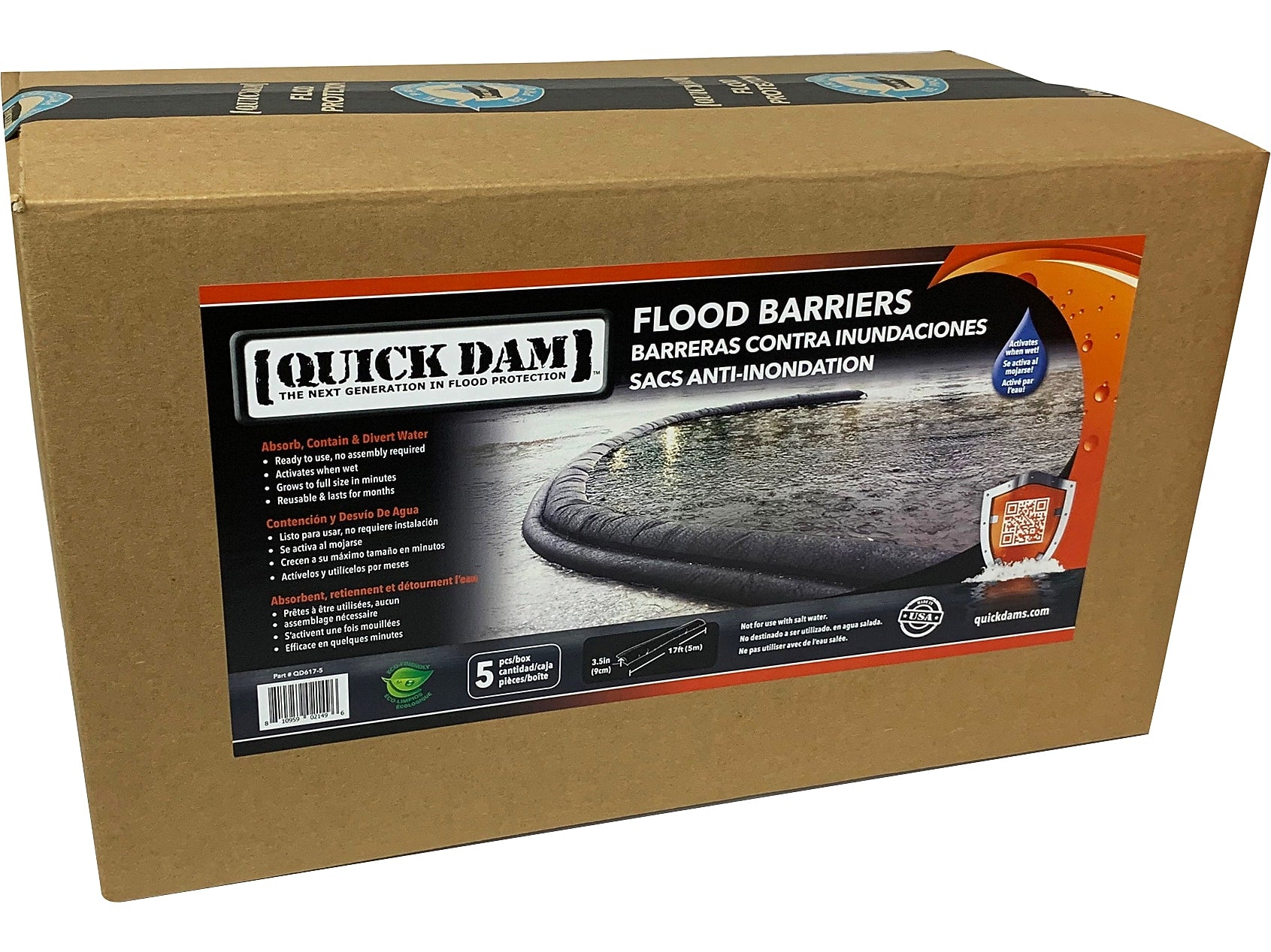 Quick Dam Water Flood Barrier, 204", Up to 14 Gal., 5/Box (QD617-5)