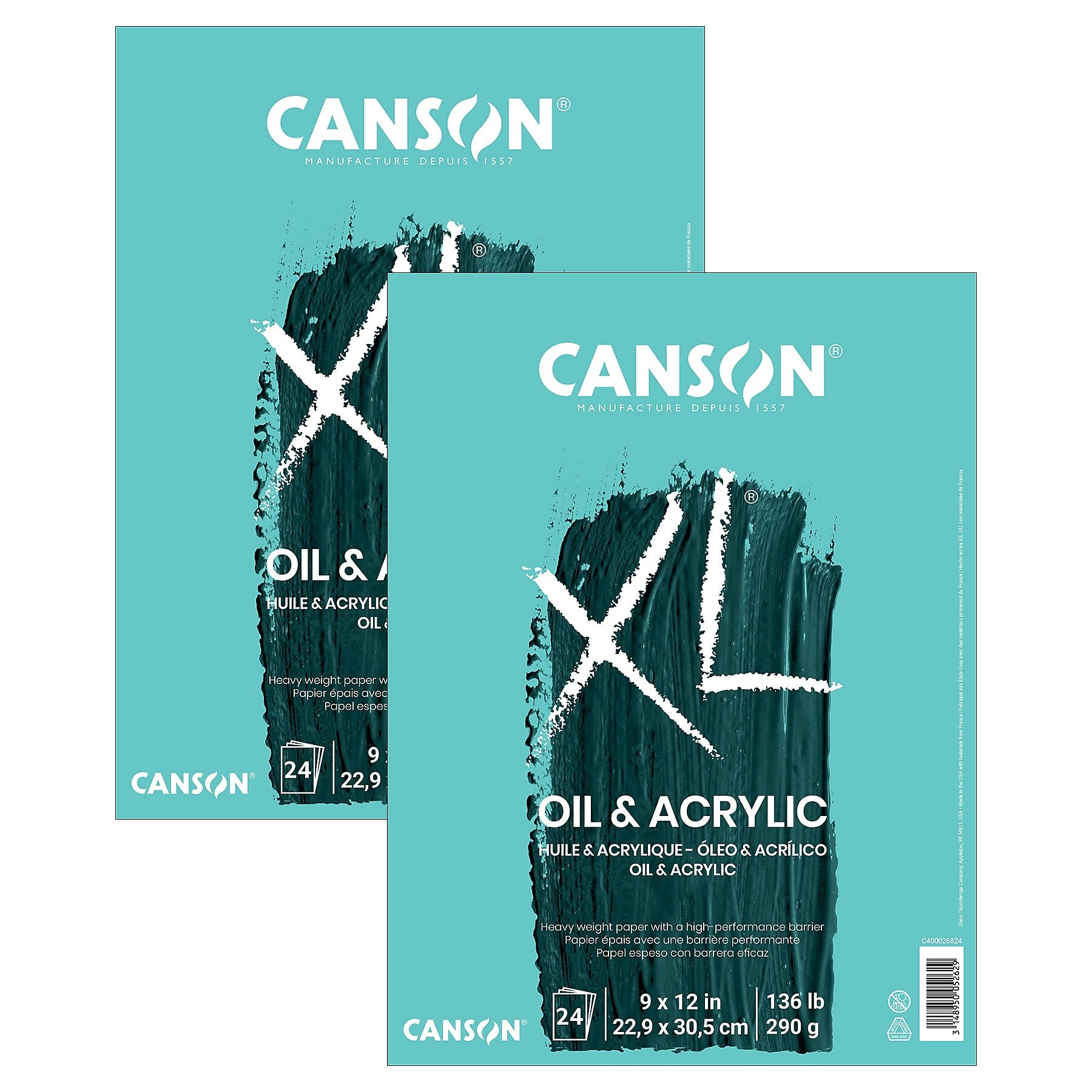 Canson XL Series 9" x 12" Oil & Acrylic Pad,  24 Sheets/Pad, 2 Pads/Bundle (MCXC400026824-2)