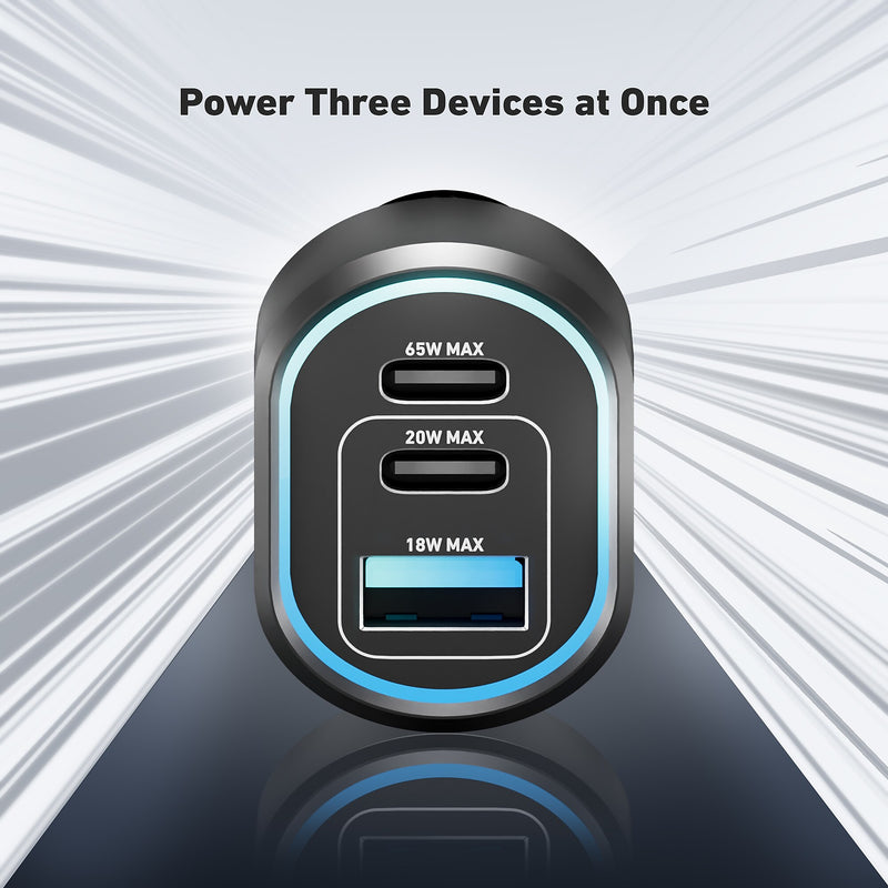 CODi 65W Triple Car Charger, USB-A & USB-C Outputs, Black (A01111)