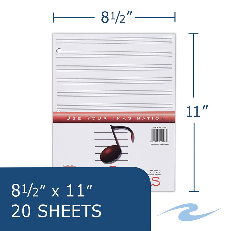 Roaring Spring Paper Products Music-Ruled Filler Paper, 8.5" x 11", 3-Hole Punched, 20 Sheets/Pack, 24 Packs/Carton (20177CS)