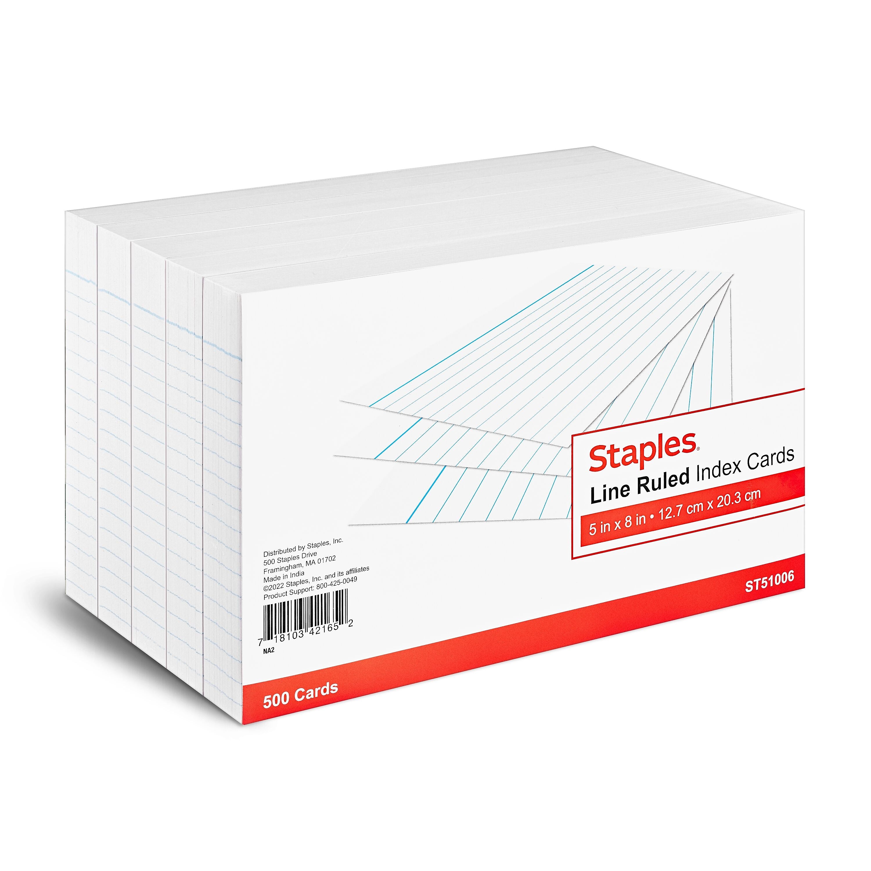 Staples 5" x 8" Index Cards, Lined, White, 500/Pack (TR51006)