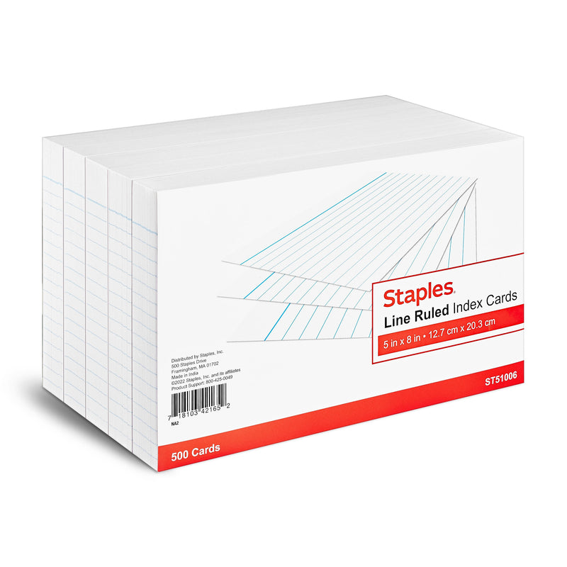 Staples 5" x 8" Index Cards, Lined, White, 500/Pack (TR51006)