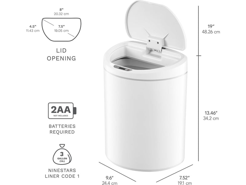 Nine Stars Plastic Sensor Trash Can, 2.6-Gallon, White (DZT-10-29)