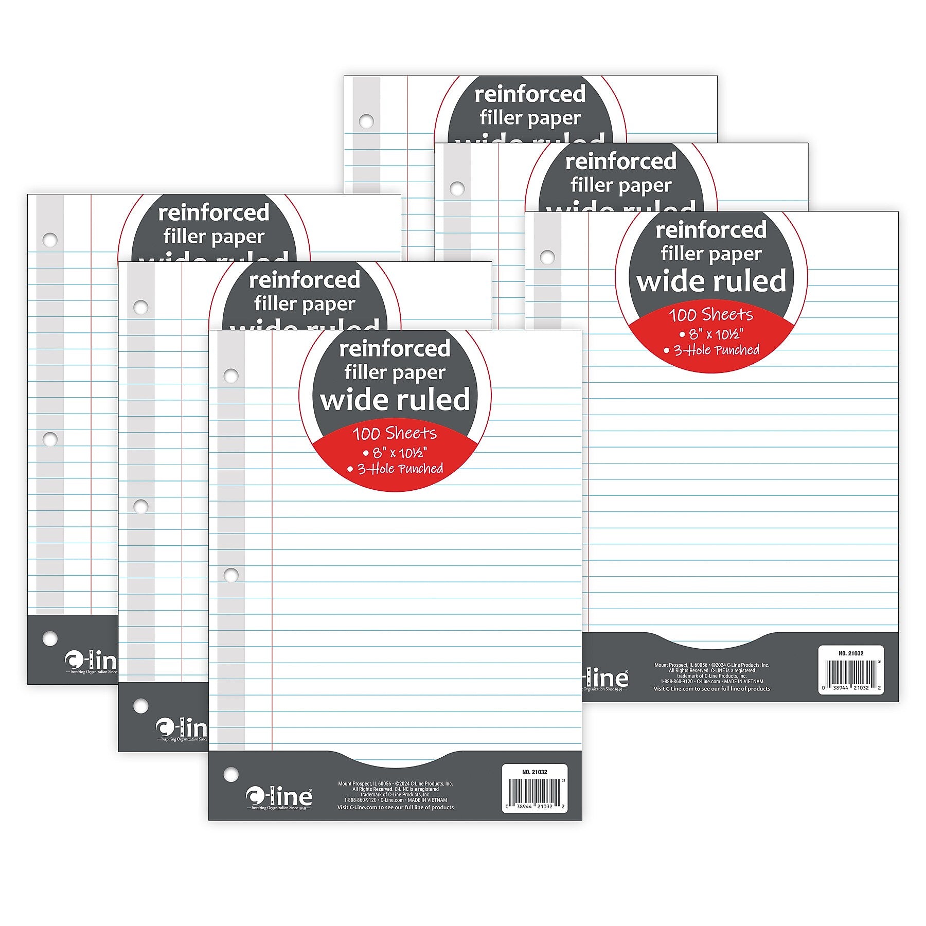 C-Line Reinforced Wide Ruled Filler Paper, 8" x 10.5", 3-Hole Punched, 100 Sheets/Pack, 6/Bundle (CLI21032-6)