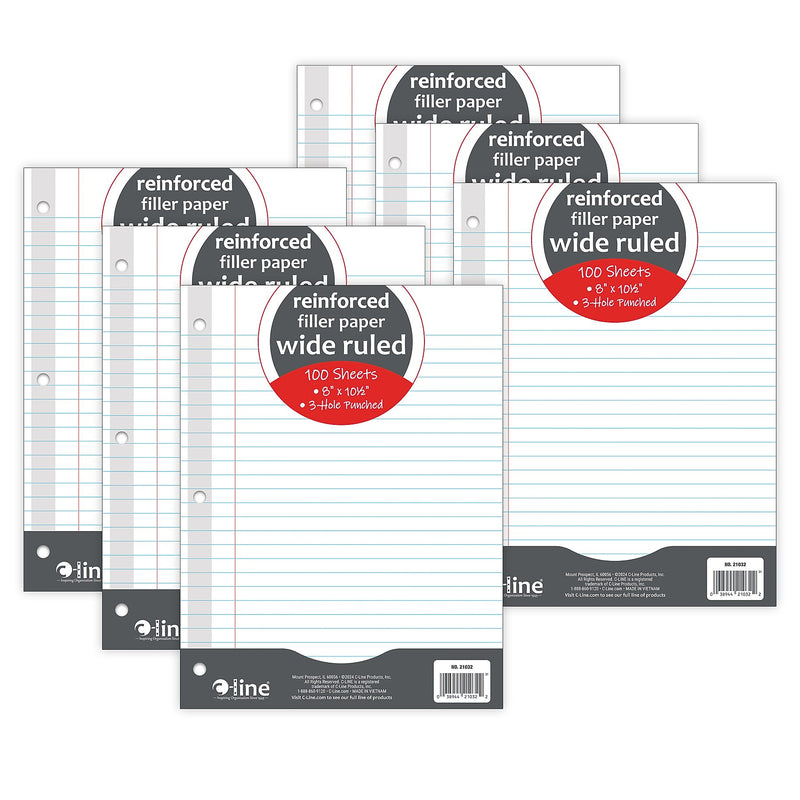 C-Line Reinforced Wide Ruled Filler Paper, 8" x 10.5", 3-Hole Punched, 100 Sheets/Pack, 6/Bundle (CLI21032-6)