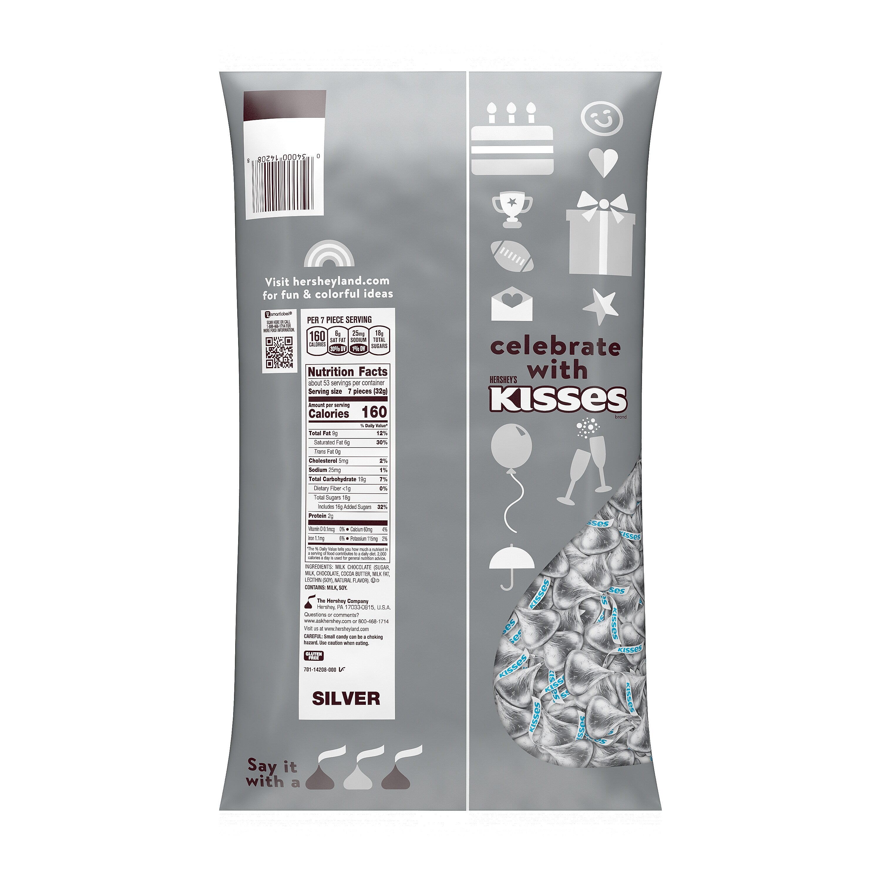 HERSHEY'S KISSES Milk Chocolate Candy Bulk Bag, Silver Foils, 60 oz., 400/Bag (HEC14208)