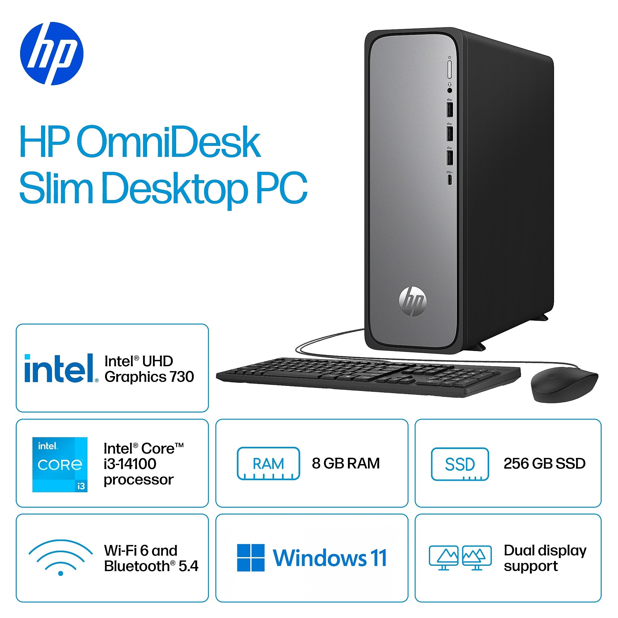 HP OmniDesk Slim Desktop Computer, Intel Core i3-14100, 8GB RAM,  256GB SSD, Windows 11 Home, Mouse/Keyboard Included
