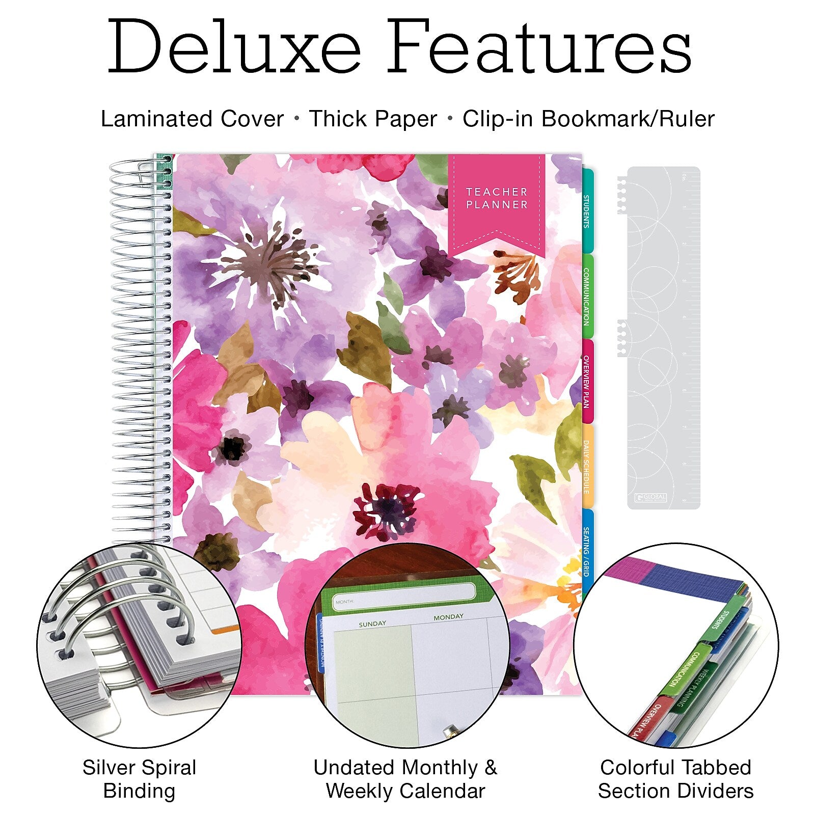 Global Printed Products Deluxe Spring Floral 8.5" x 11" Academic Teacher Planner, Plastic Cover (NAD-UNDTP-30)