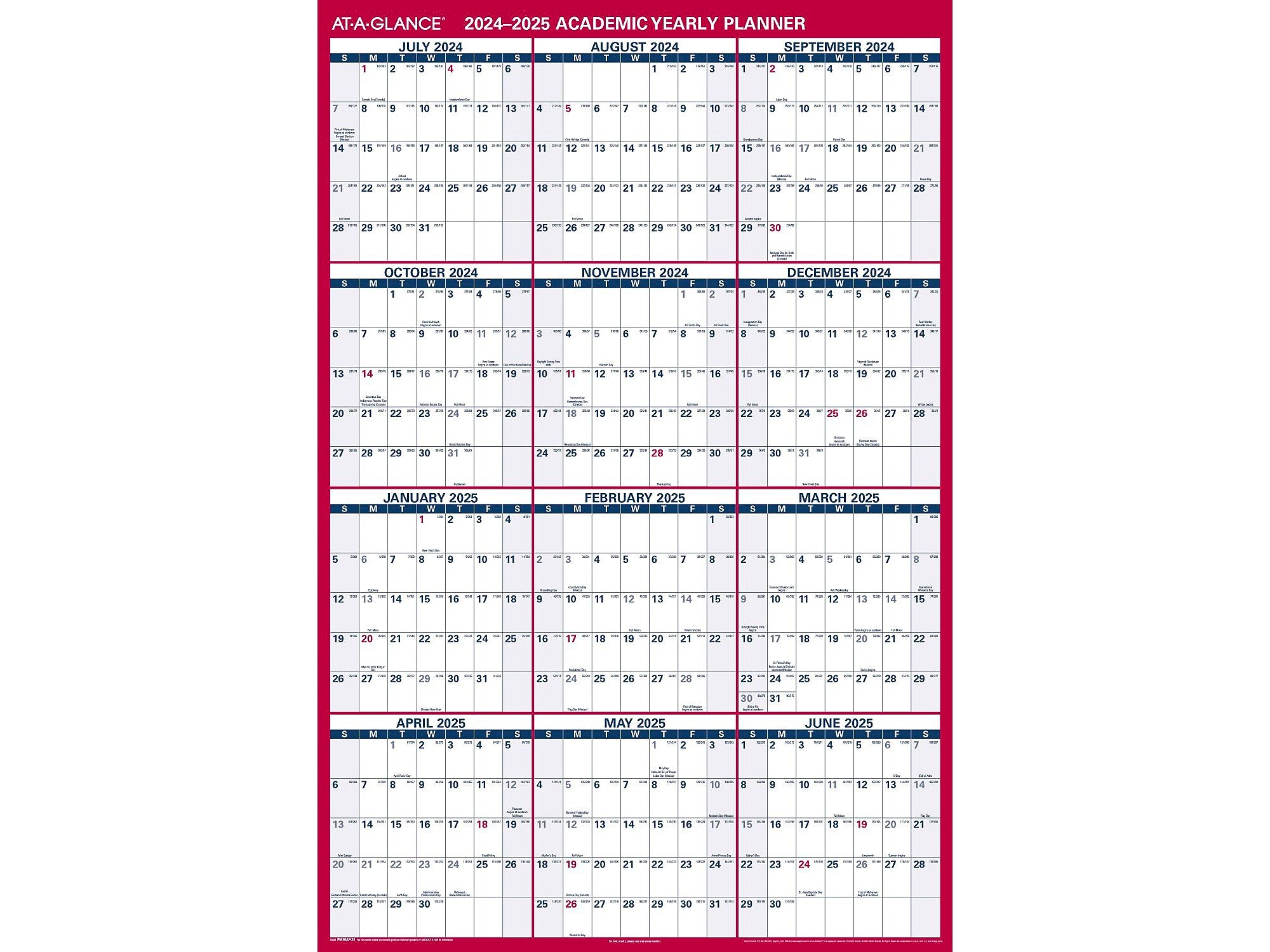 2024-2025 AT-A-GLANCE 48" x 32" Academic Yearly Wet-Erase Wall Calendar, Reversible, White/Red (PM36AP-28-25)