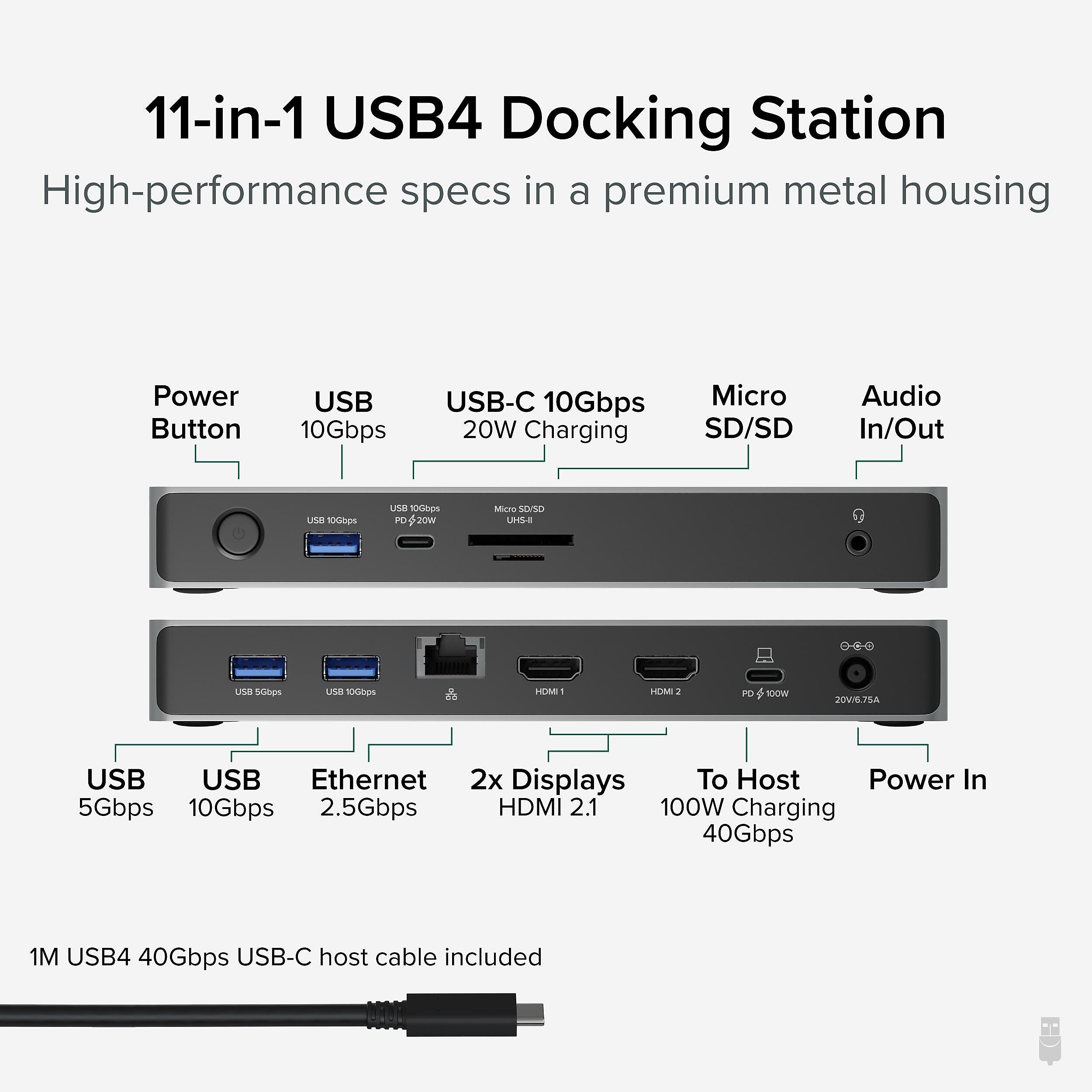 Plugable Dual Monitor USB4 Docking Station, 100W, Silver (UD-4VPD)