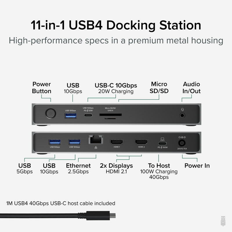Plugable Dual Monitor USB4 Docking Station, 100W, Silver (UD-4VPD)