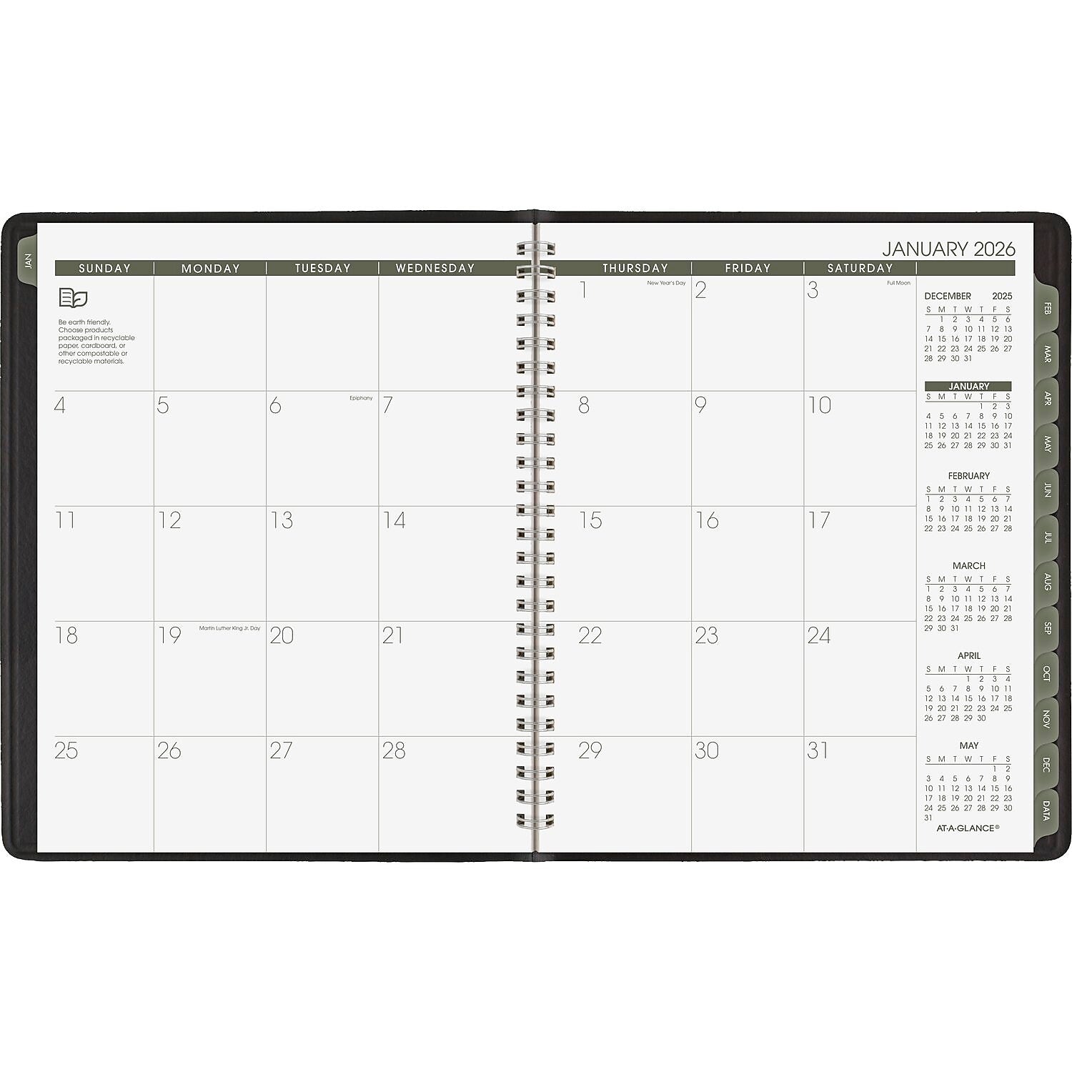 2026 AT-A-GLANCE Recycled 7" x 8.75" Monthly Planner, Faux Leather Cover, Black (70-120G-05-26)