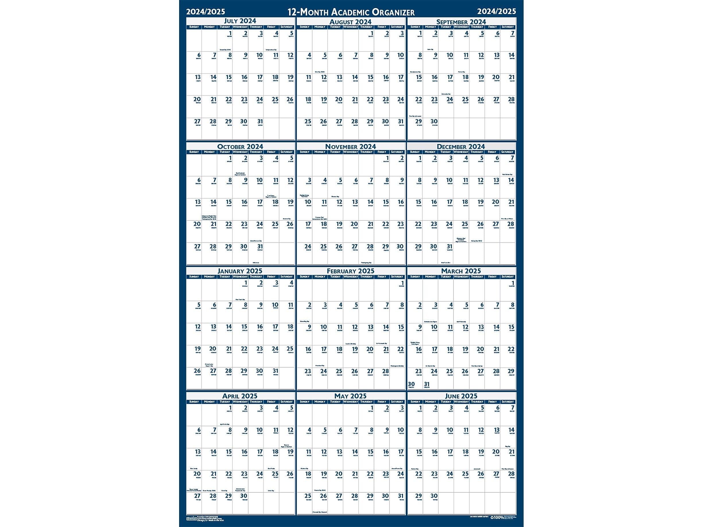 2024-2025 House of Doolittle 37" x 24" Academic Yearly Dry-Erase Wall Calendar, Reversible, White/Blue (395-25)