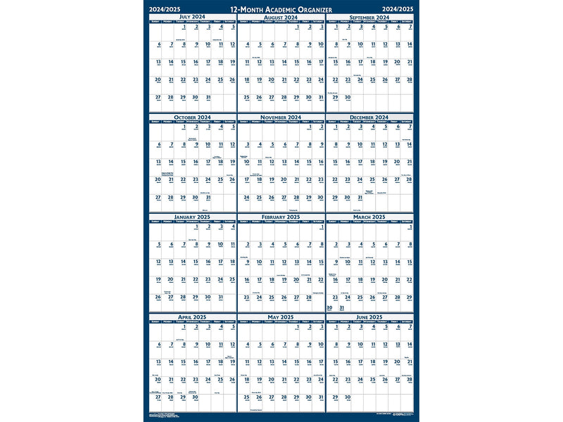 2024-2025 House of Doolittle 37" x 24" Academic Yearly Dry-Erase Wall Calendar, Reversible, White/Blue (395-25)